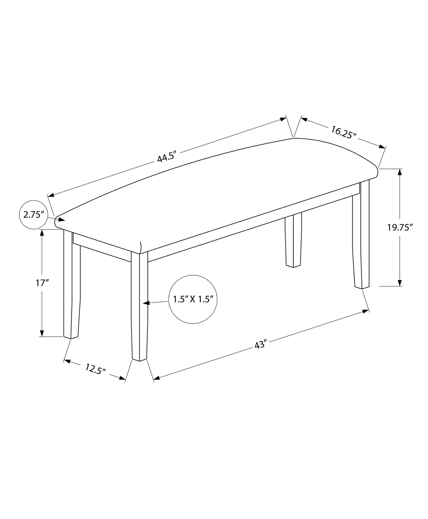 Padded dining bench dimensions  L x  W x  H
