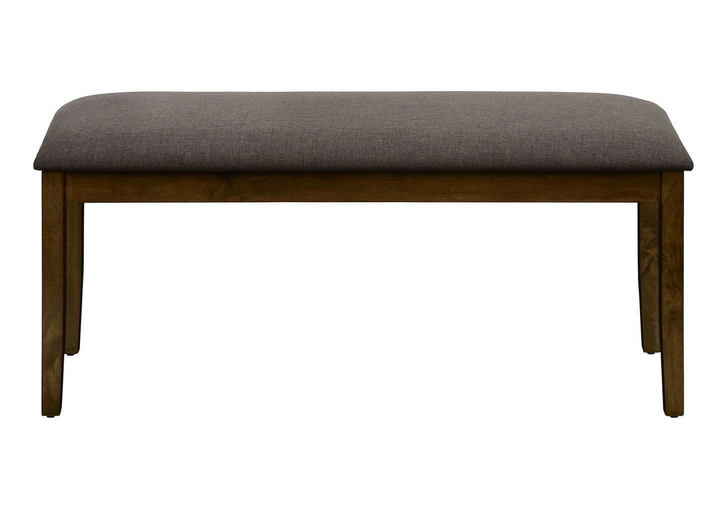 Upholstered bench with dark grey fabric seat and wooden legs