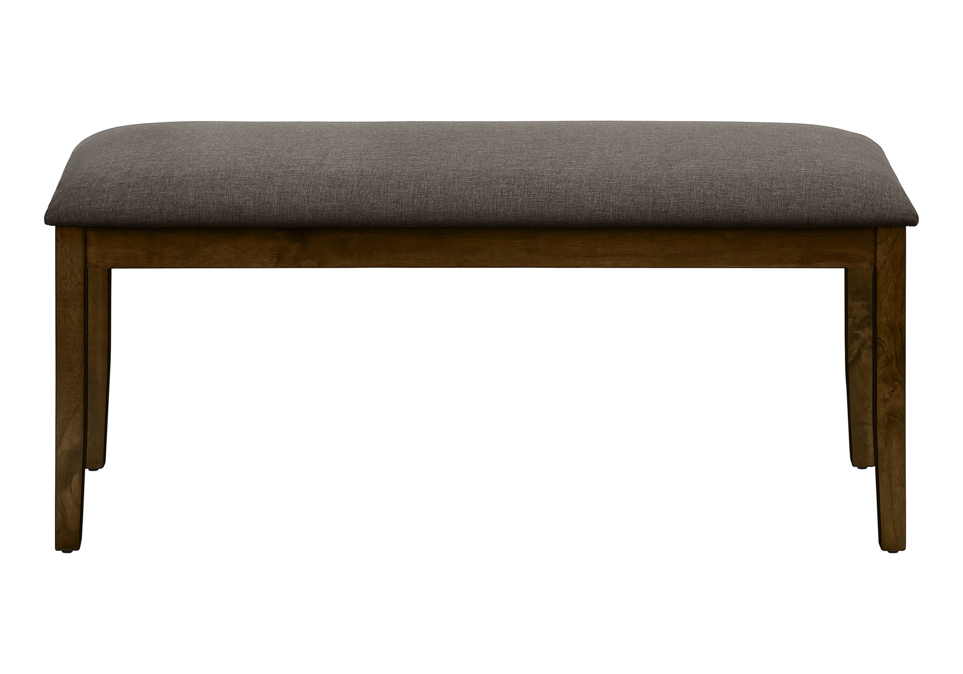 Upholstered bench with dark grey fabric seat and wooden legs