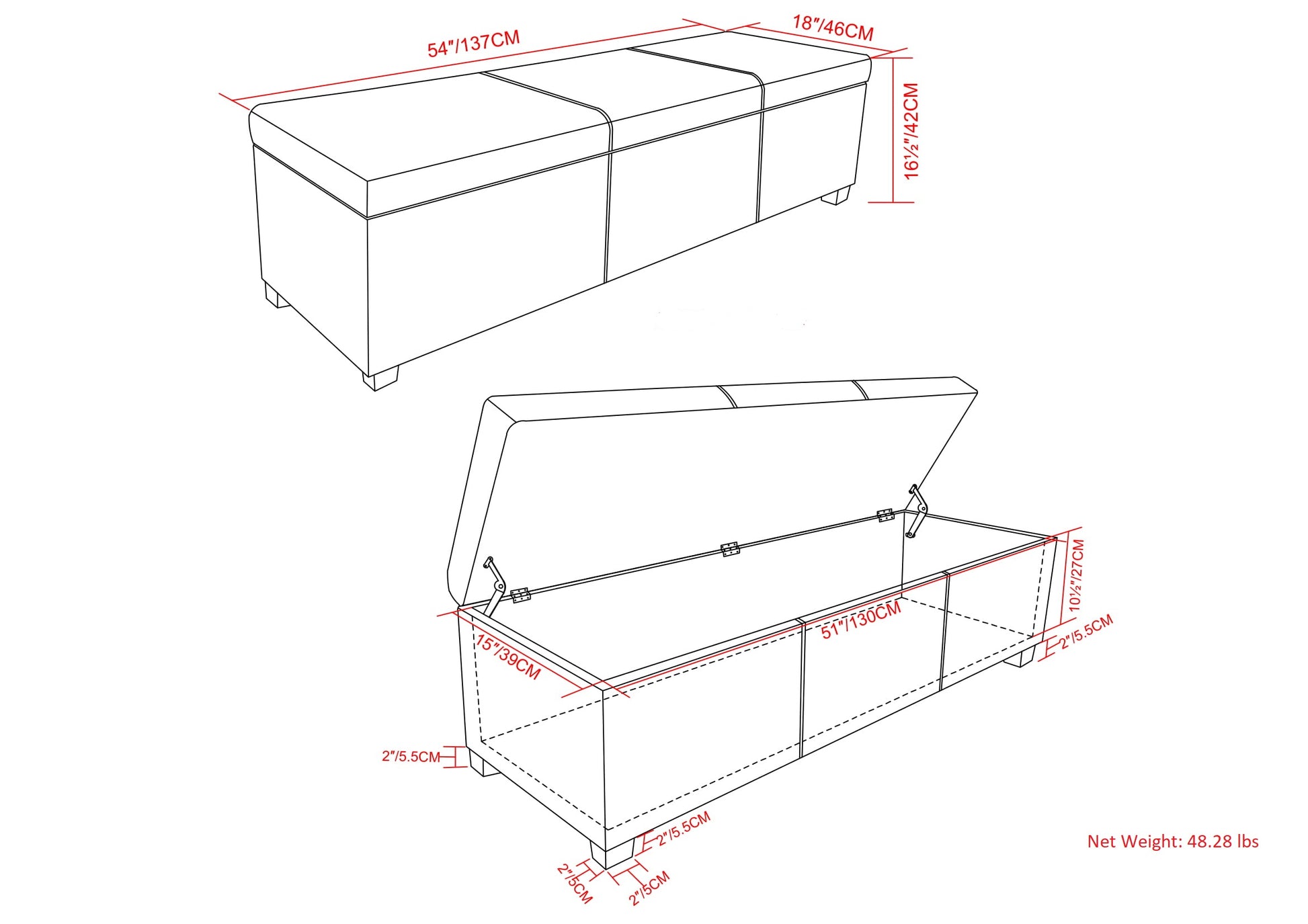 Upholstered storage ottoman with hinged lid