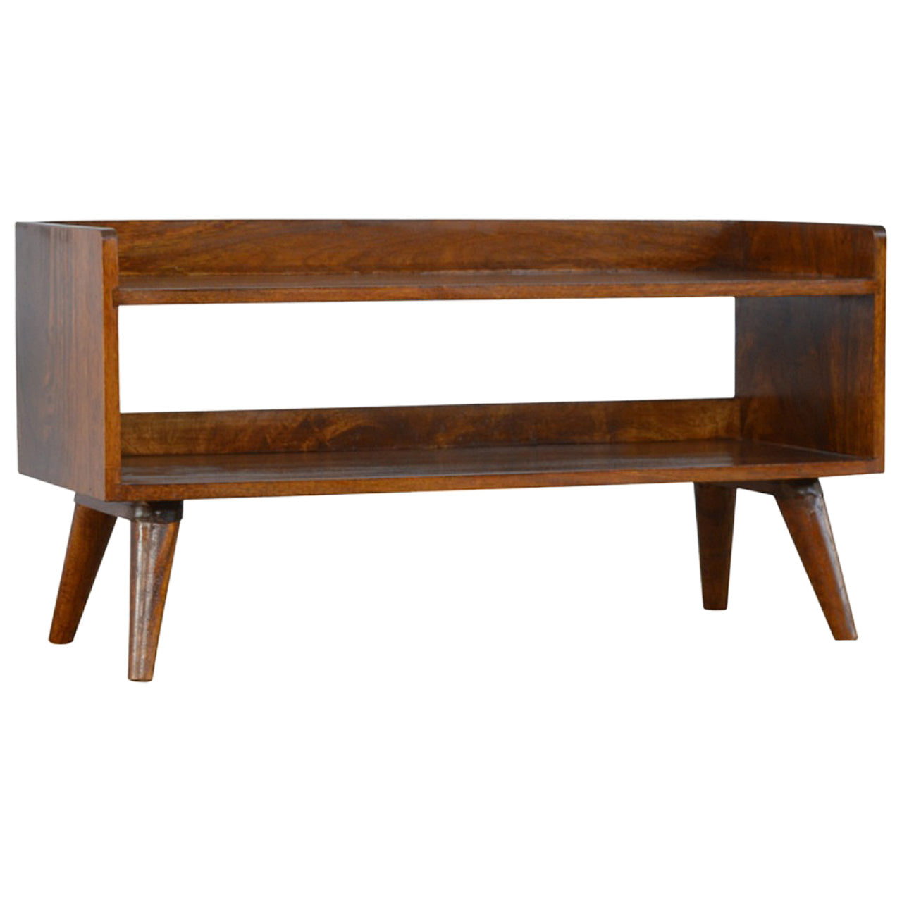 Solid wood midcentury modern media console with two shelves