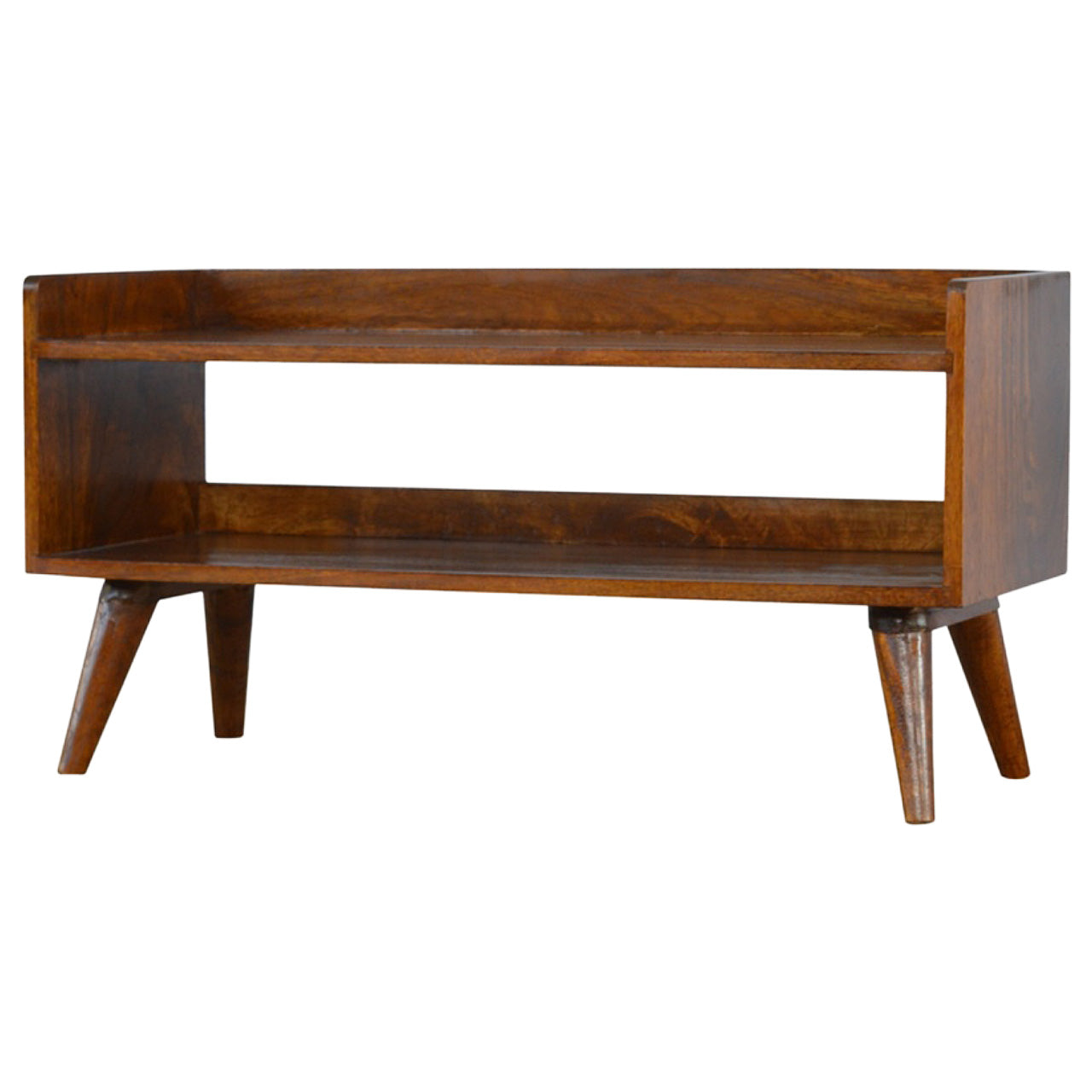 Solid mango wood twotier shelf unit with angled legs
