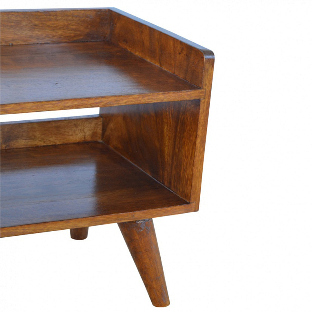 Twotier walnut bedside table with tapered legs and midcentury modern design