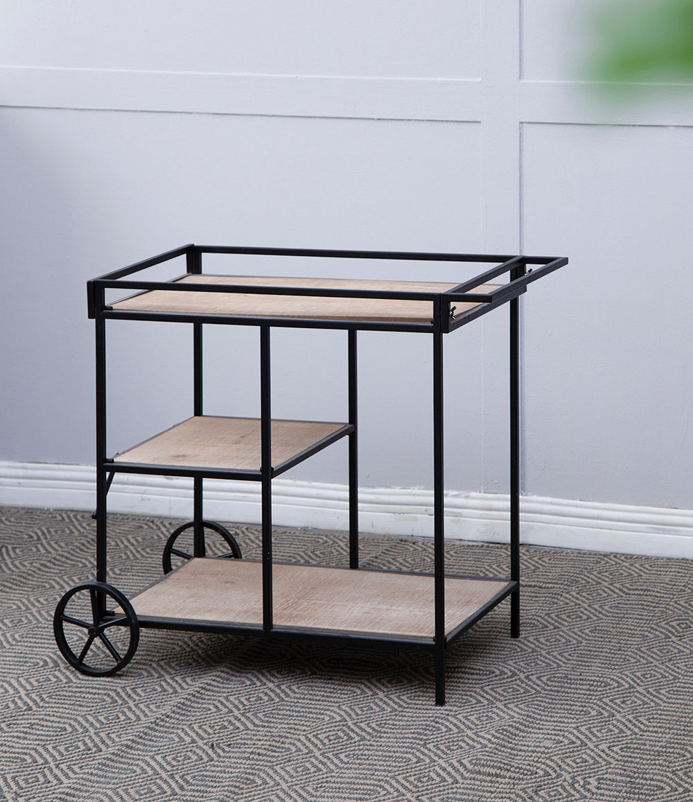 Black metal and wood bar cart with three shelves and wheels