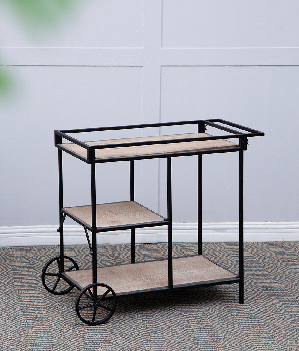 Rustic metal bar cart with three wooden shelves and two wheels