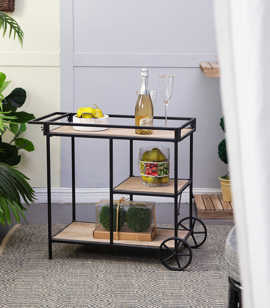 Modern industrial bar cart with wood shelves and black metal frame