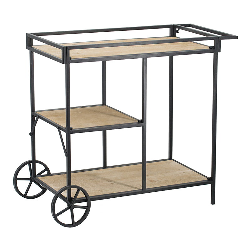 Industrial style rolling bar cart with metal frame and wood shelves