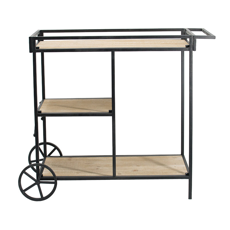 Industrial bar cart with black metal frame and light wood shelves