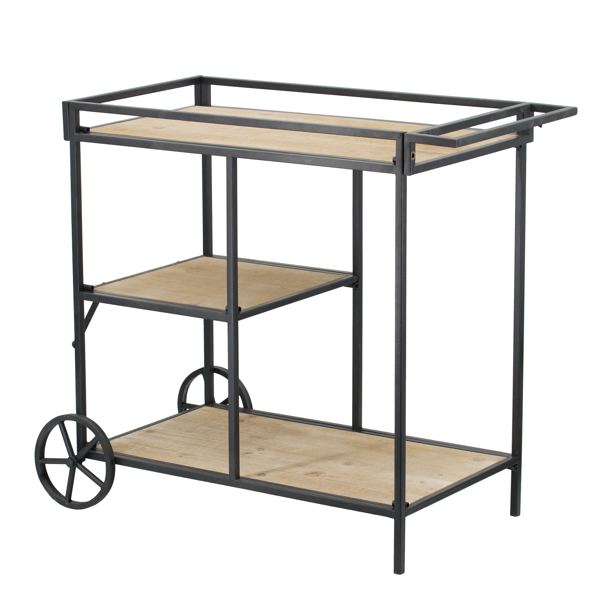 Industrial metal bar cart with three wooden shelves and black spoked wheels