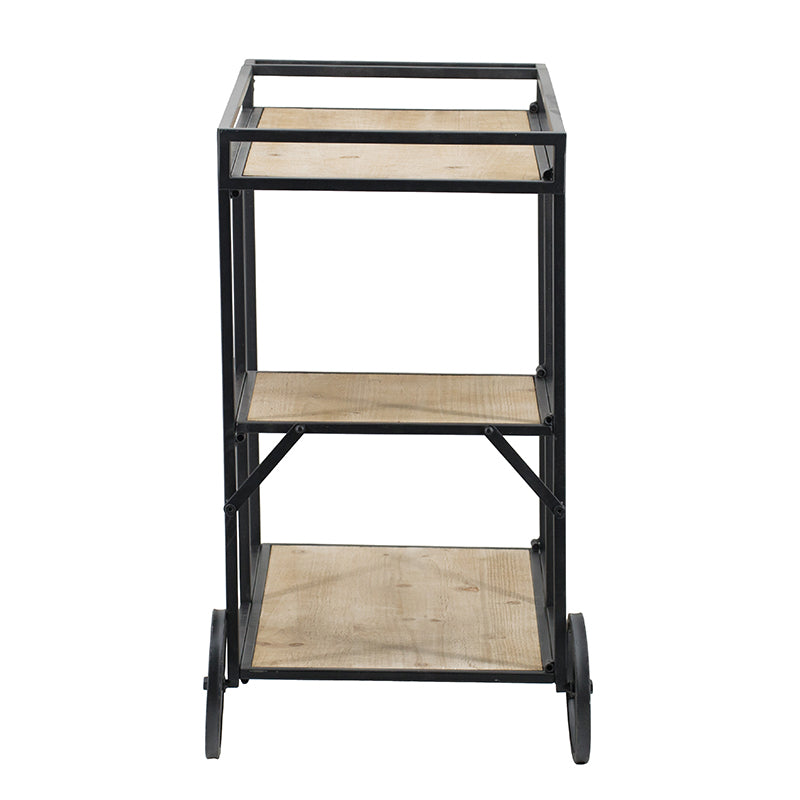 Industrial metal and wood shelving cart with three tiers and wheels