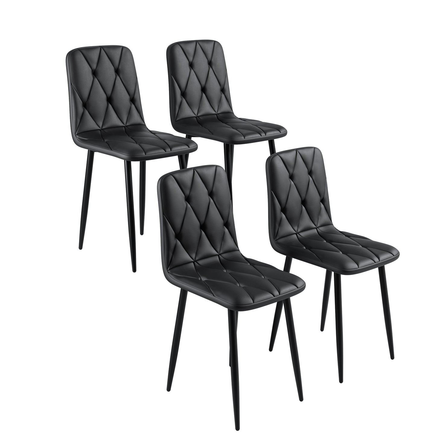 Black faux leather dining chairs with tufted diamond pattern and metal legs