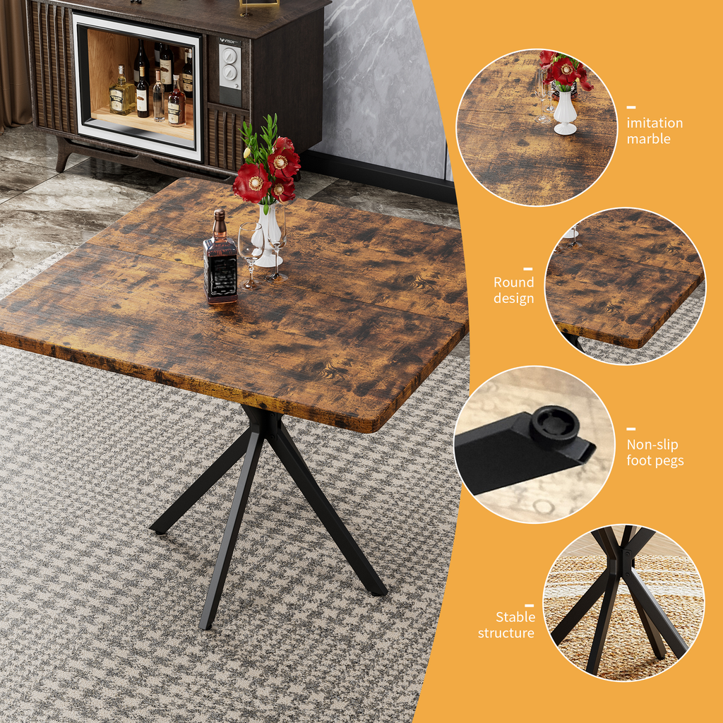 Rustic brown square dining table with imitation marble top and black metal tripod base