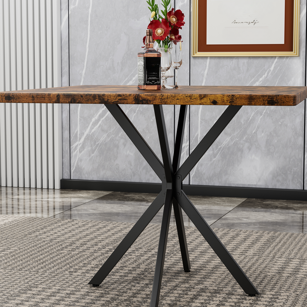 Rustic wood dining table with black metal base