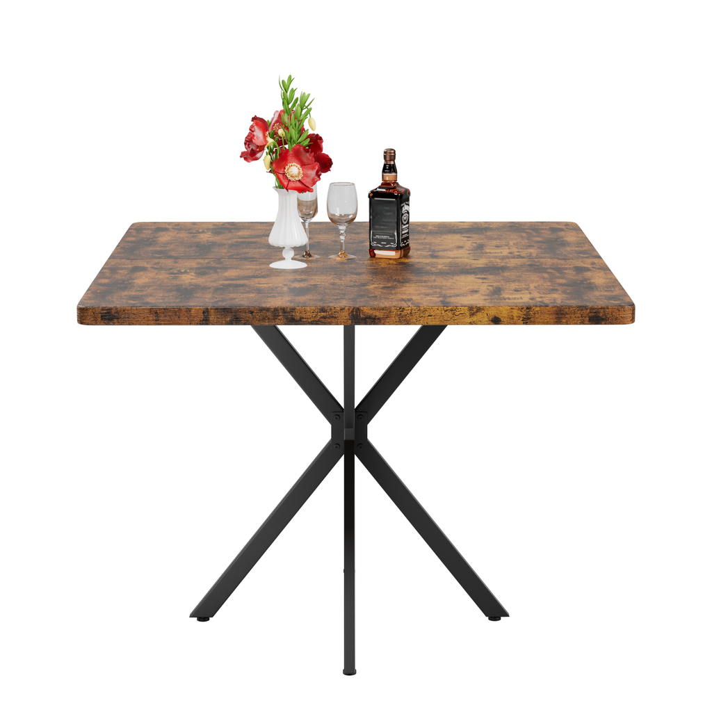 Rustic brown wooden dining table with black Xshaped legs