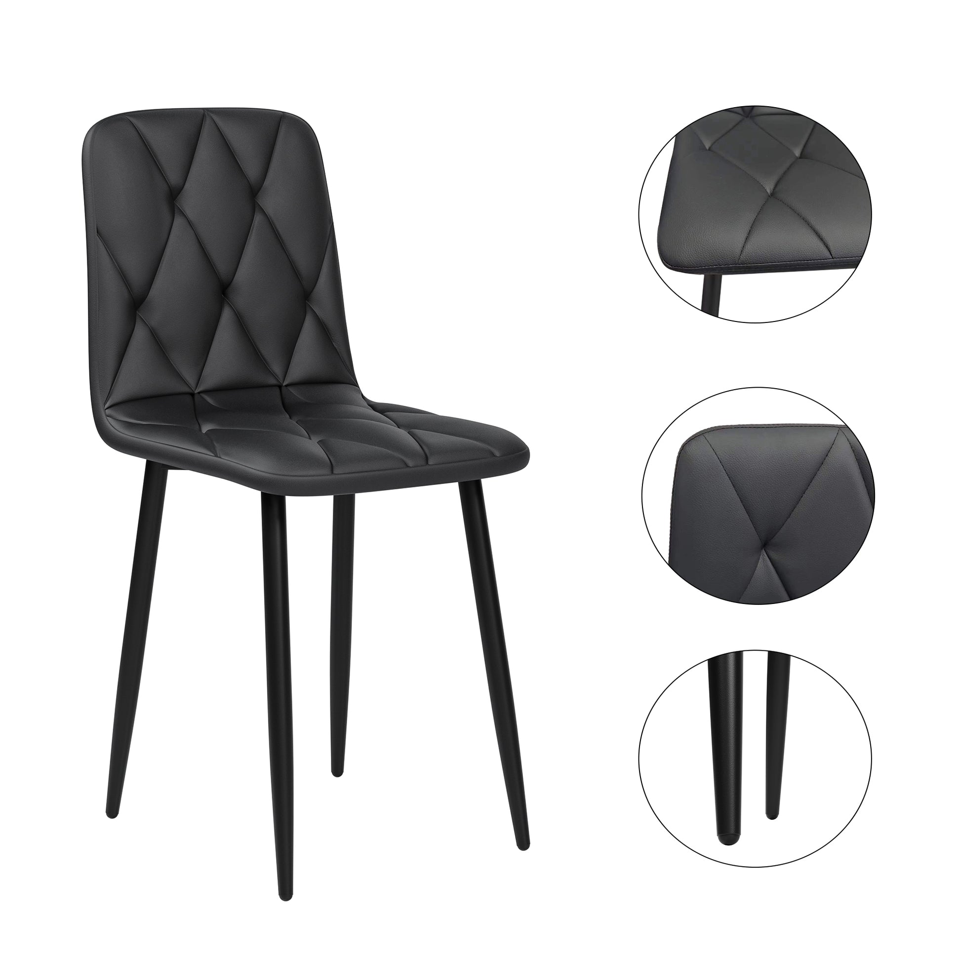 Black diamondstitched PU leather dining chair with sleek metal legs