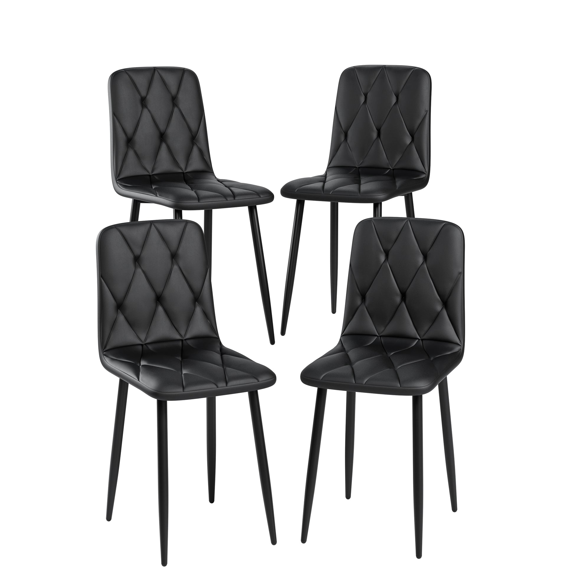 Set of  black diamondtufted faux leather dining chairs with black metal legs