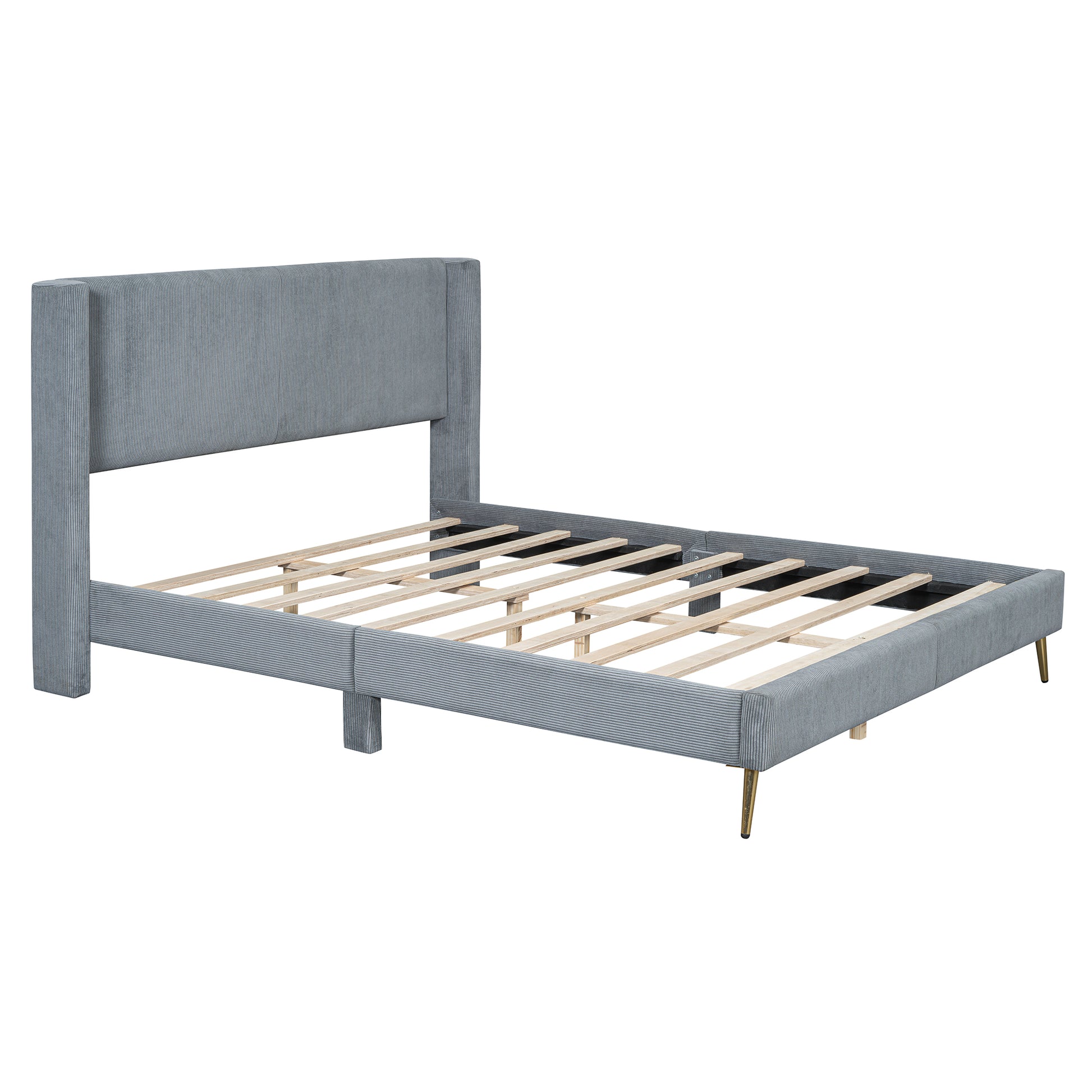 Gray corduroy upholstered bed frame with wooden slats and gold legs