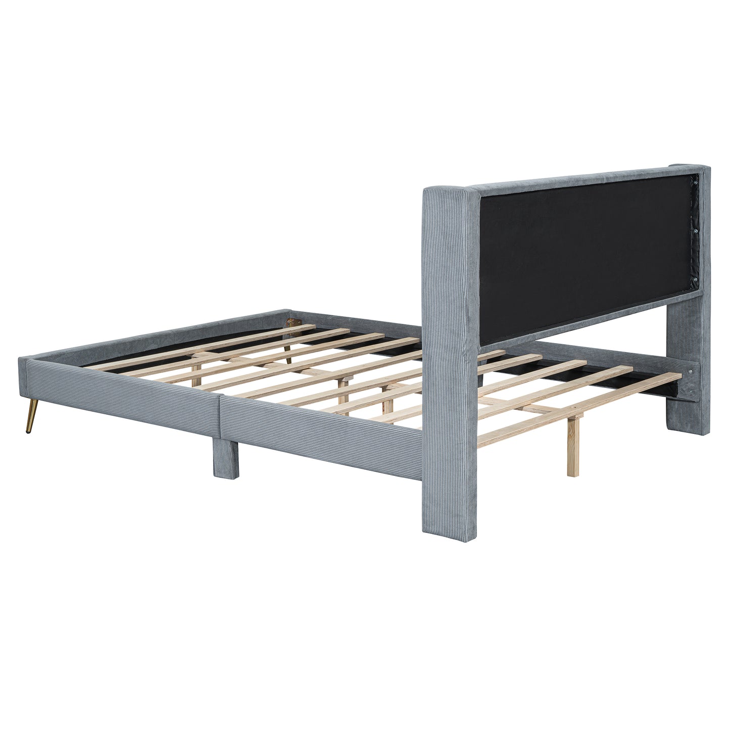 Gray corduroy upholstered bed frame with gold legs and wooden slats