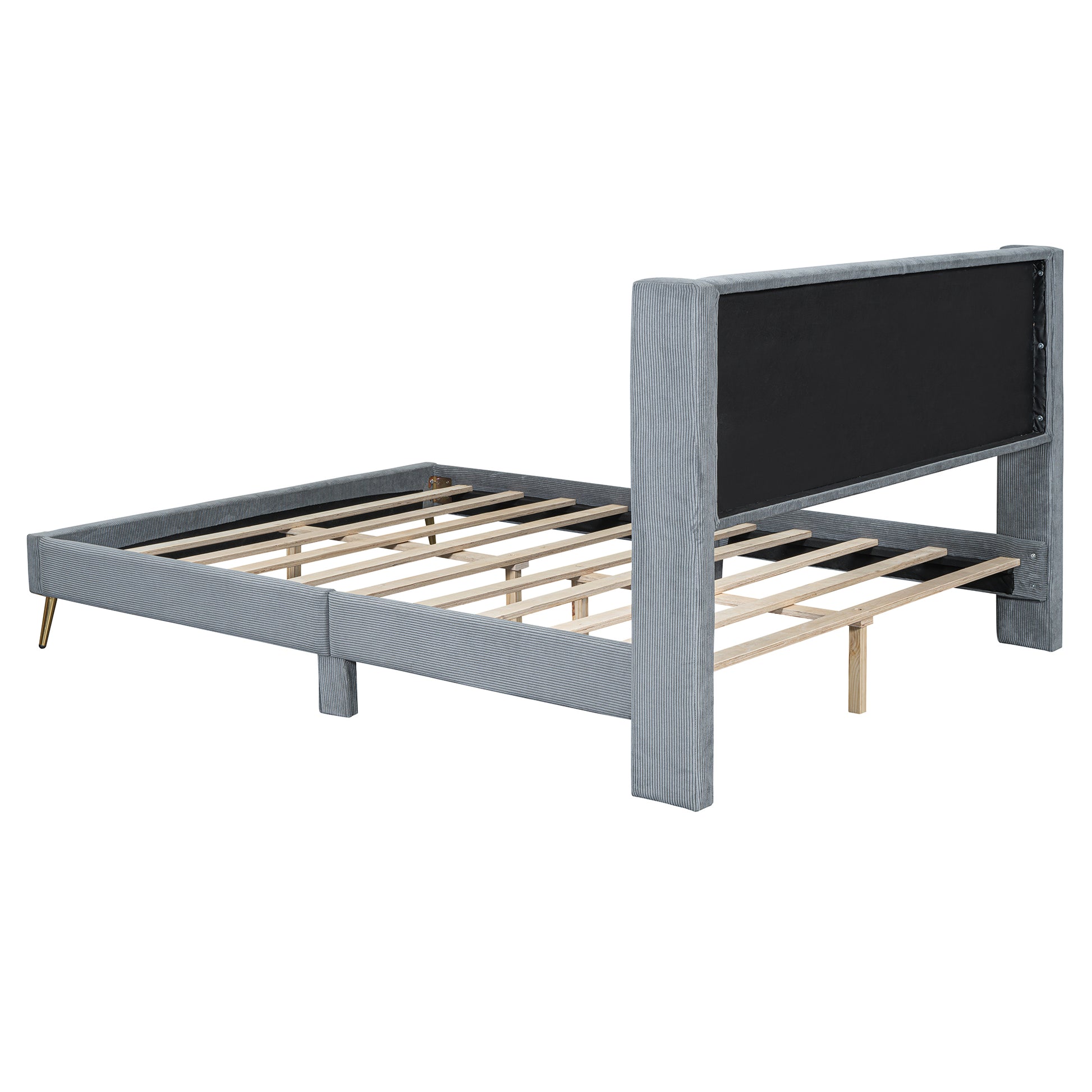 Gray corduroy upholstered bed frame with gold legs and wooden slats