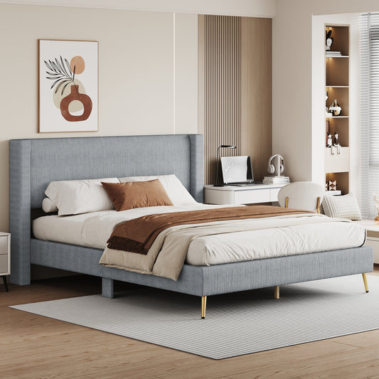 Light blue upholstered king bed with gold legs and corduroy texture for a modern bedroom