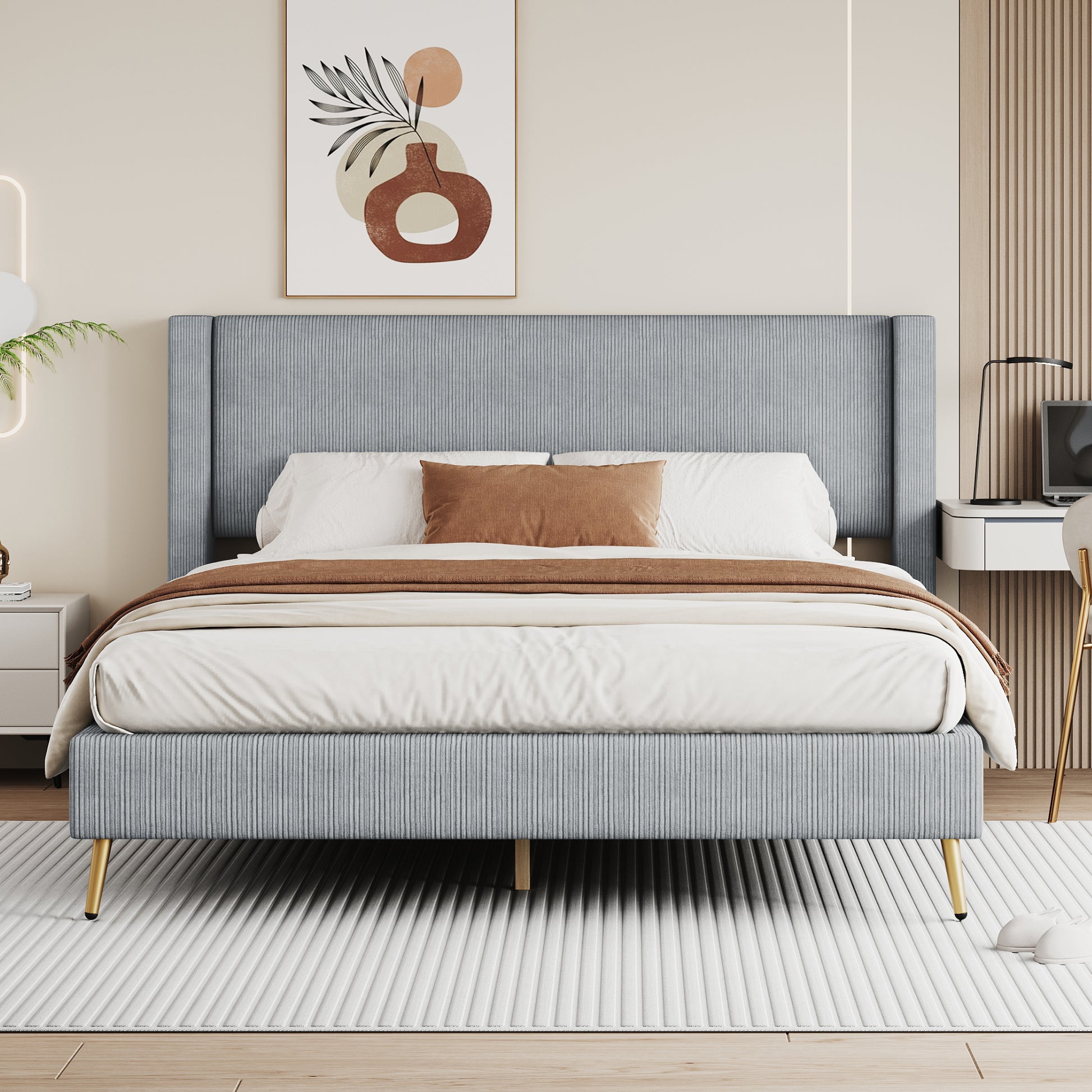 Light blue upholstered platform bed with tall headboard and gold legs