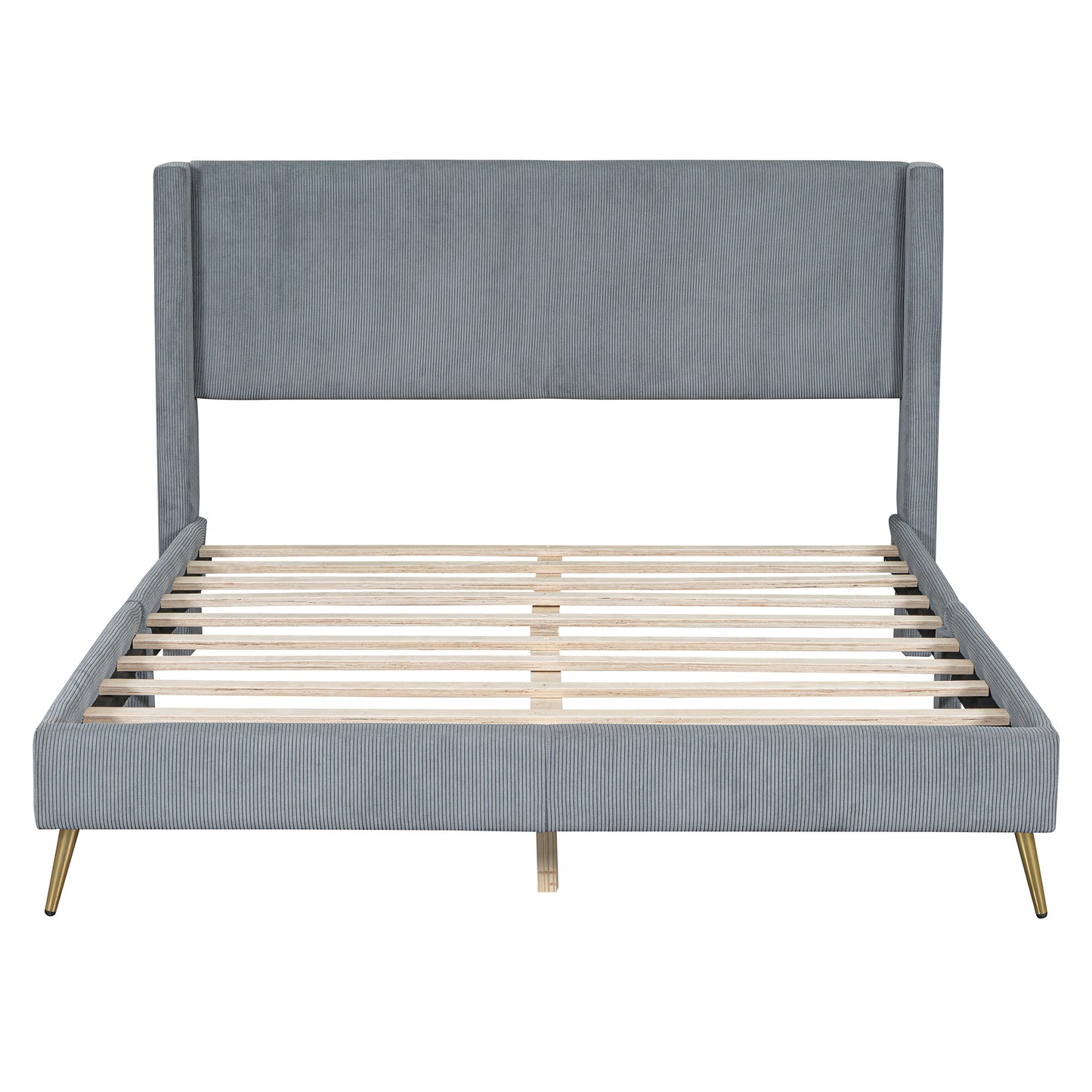 Grey corduroy wingback bed frame with brass legs queen size modern design