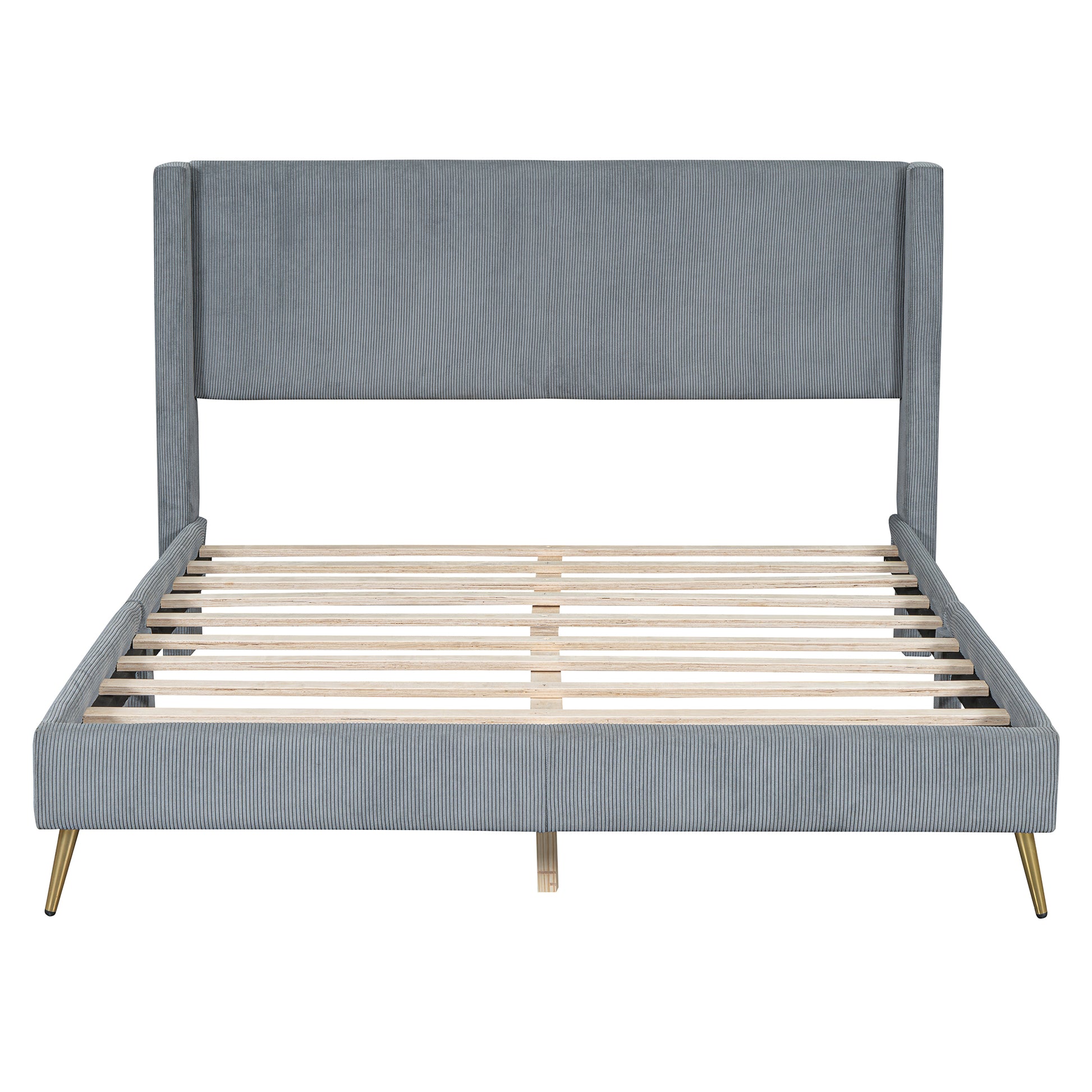 Grey corduroy wingback bed frame with brass legs queen size modern design