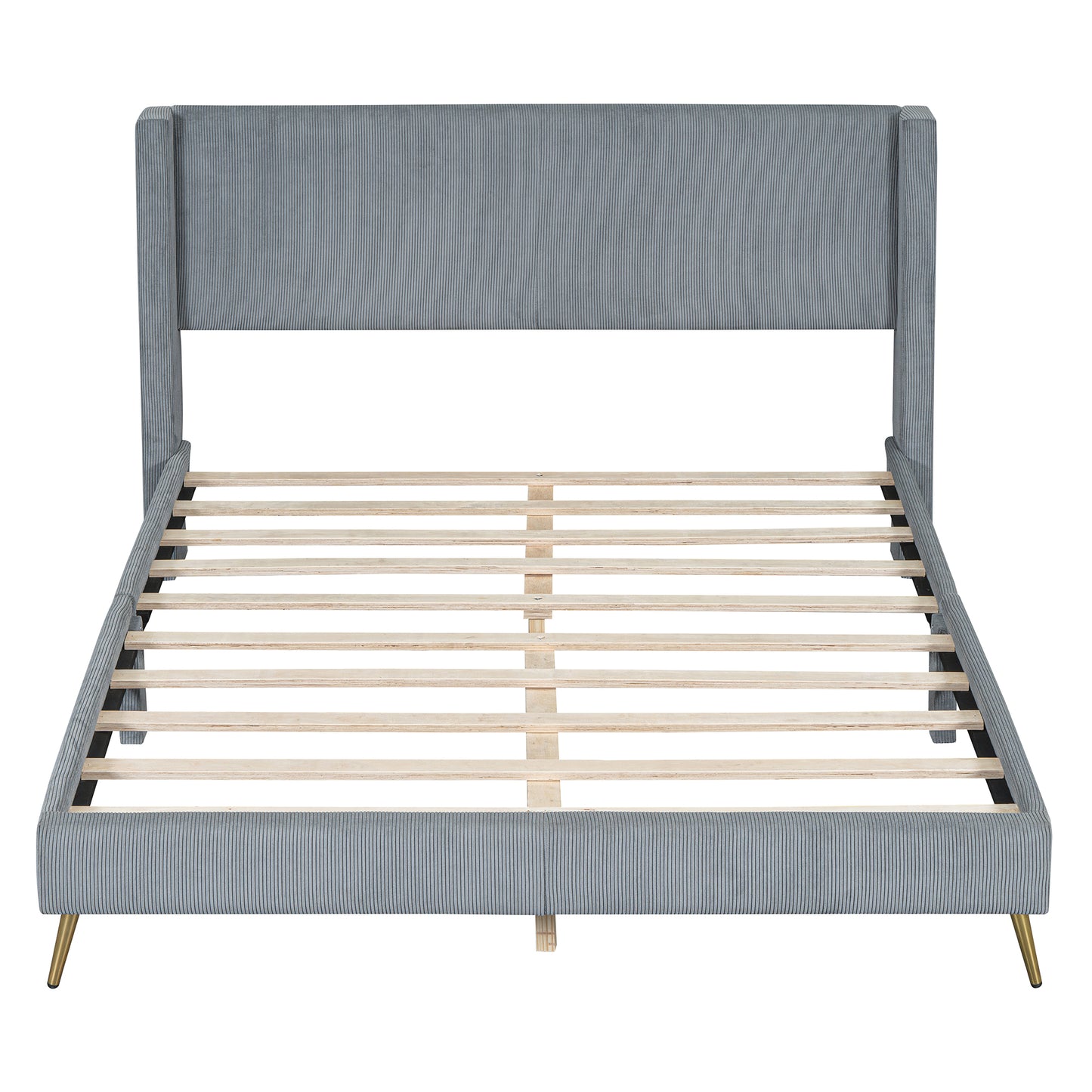 Light grey corduroy bed frame with gold legs