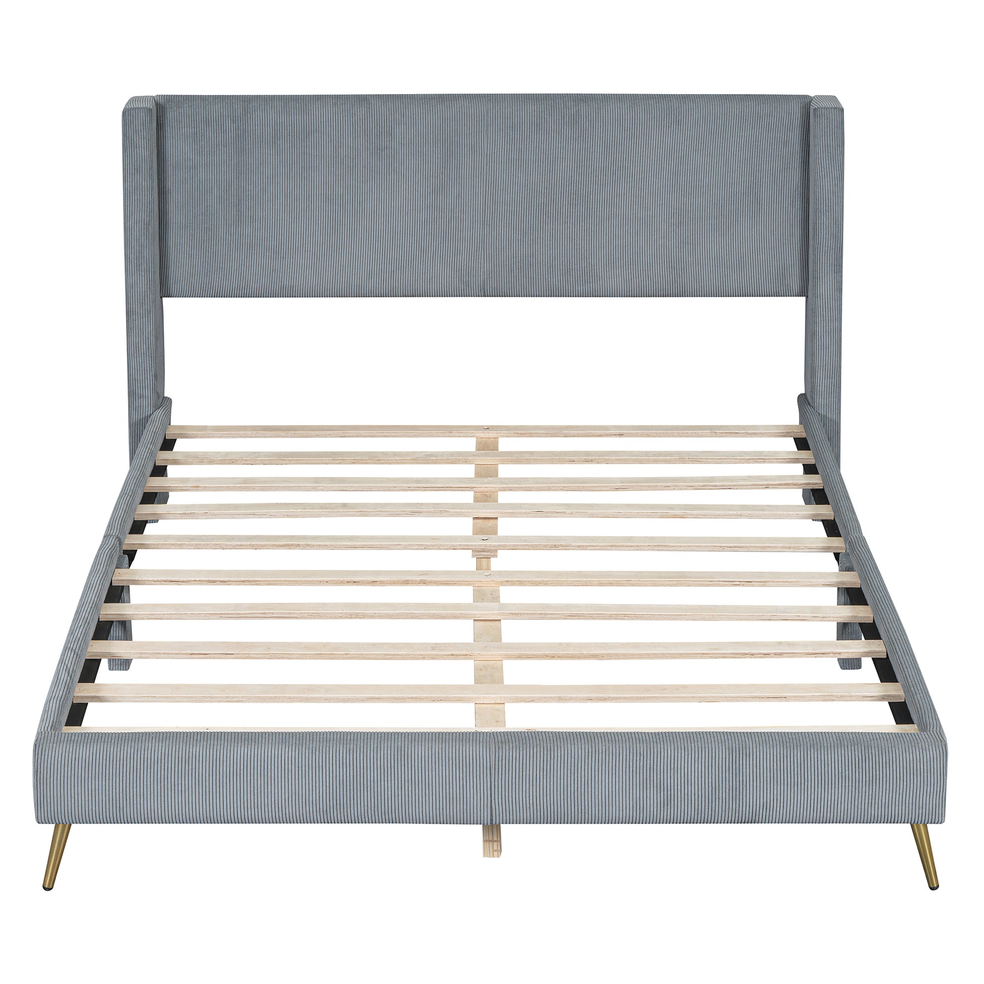 Light grey corduroy bed frame with gold legs