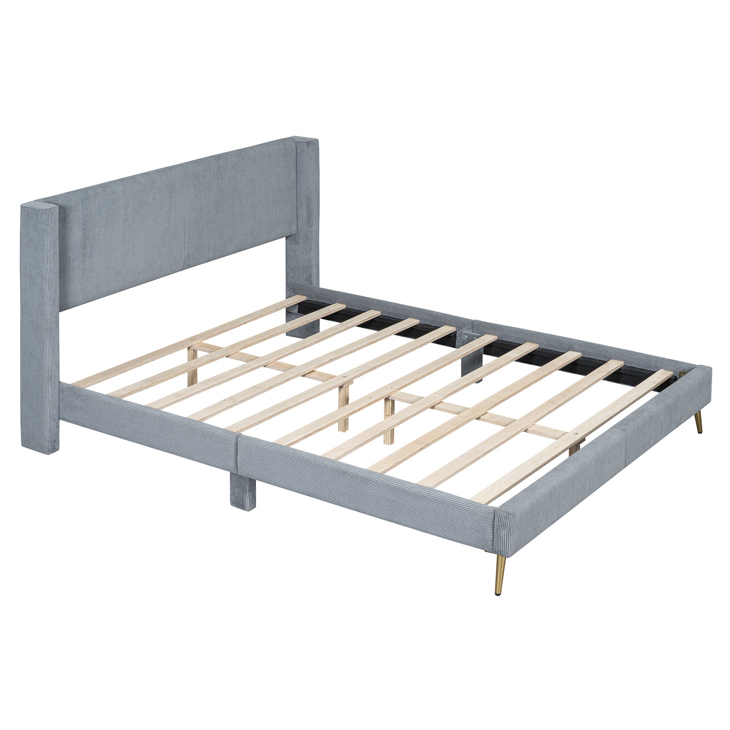 Grey upholstered bed frame with wooden slats and gold legs
