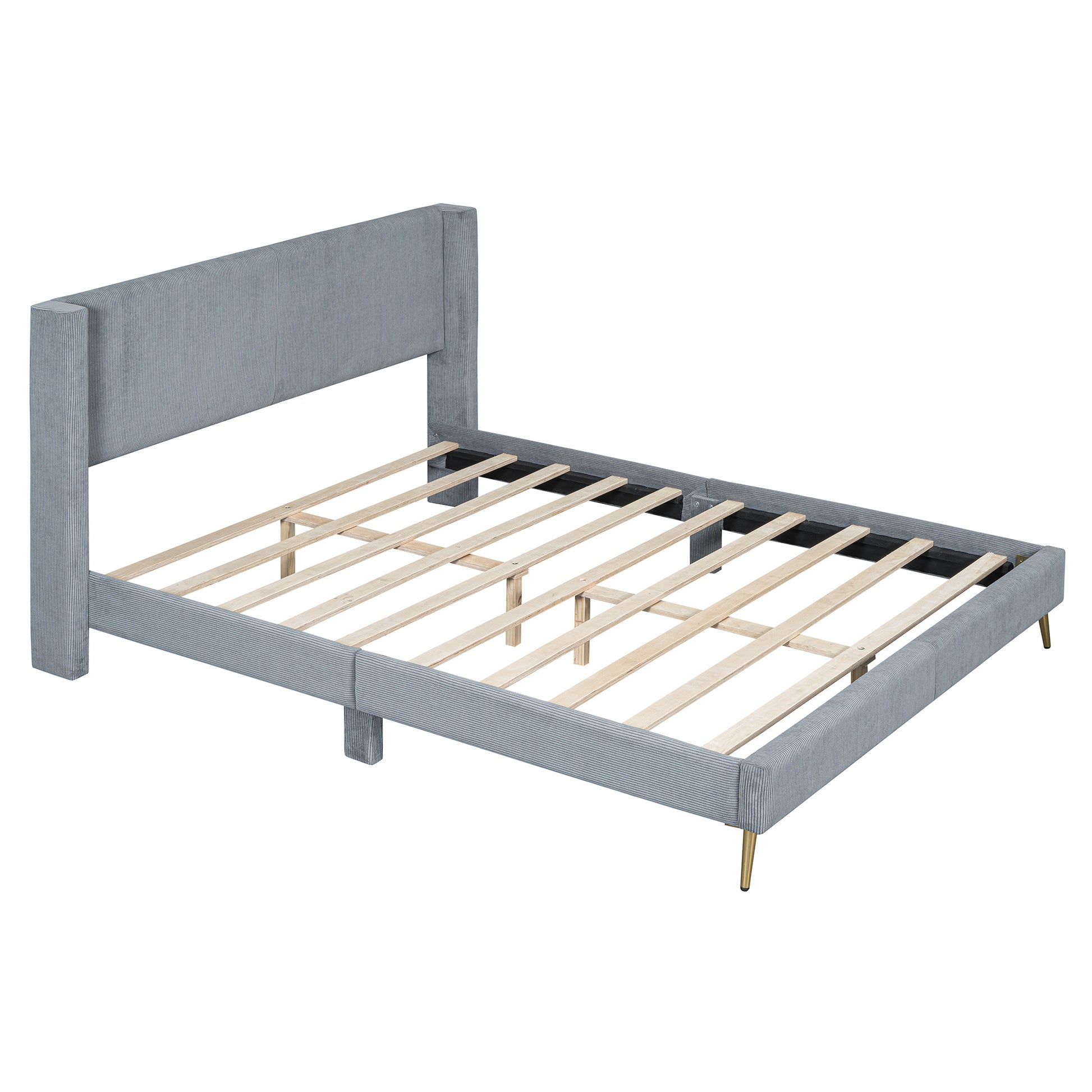 Grey upholstered bed frame with wooden slats and gold legs