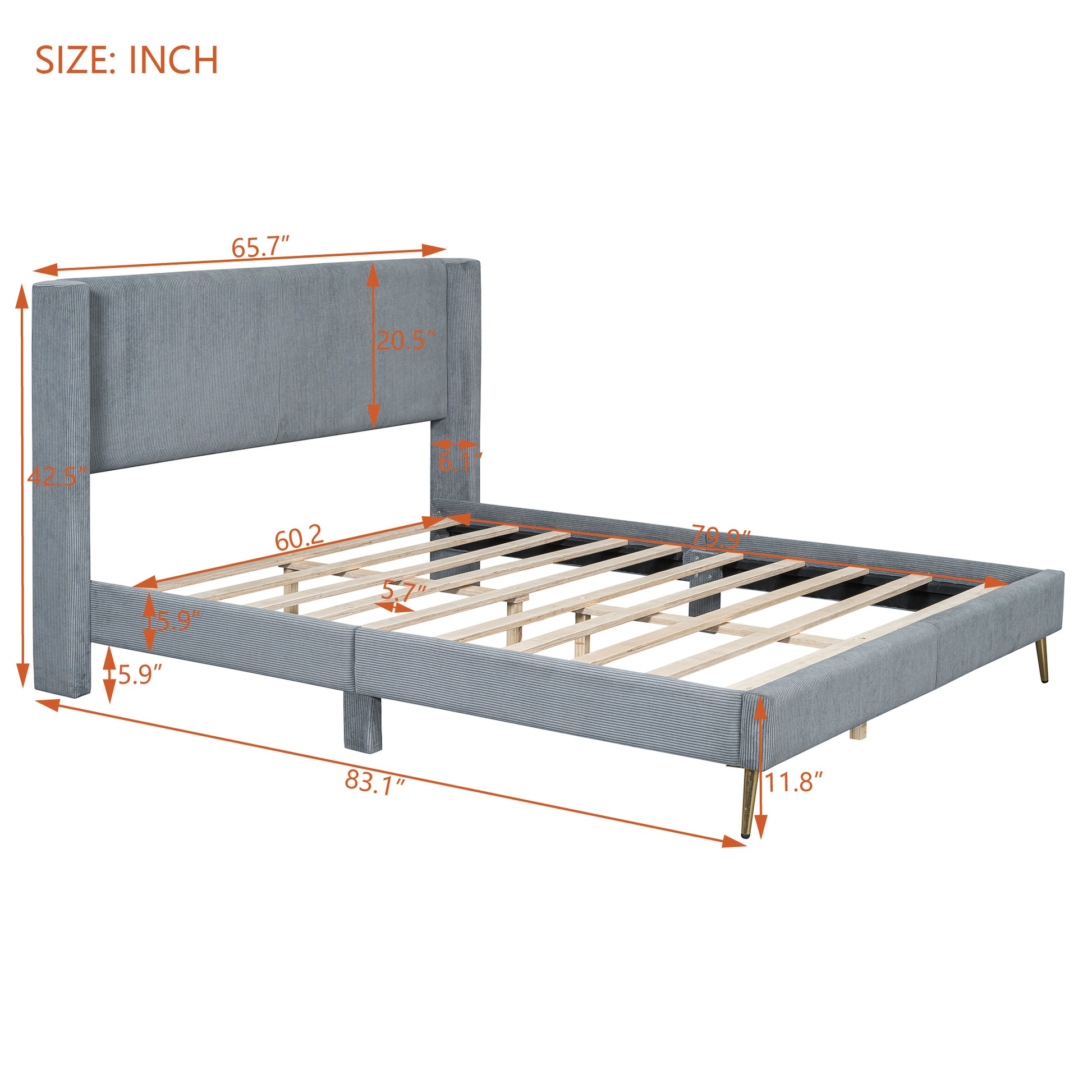 Gray corduroy upholstered bed frame with dimensions for king size bed