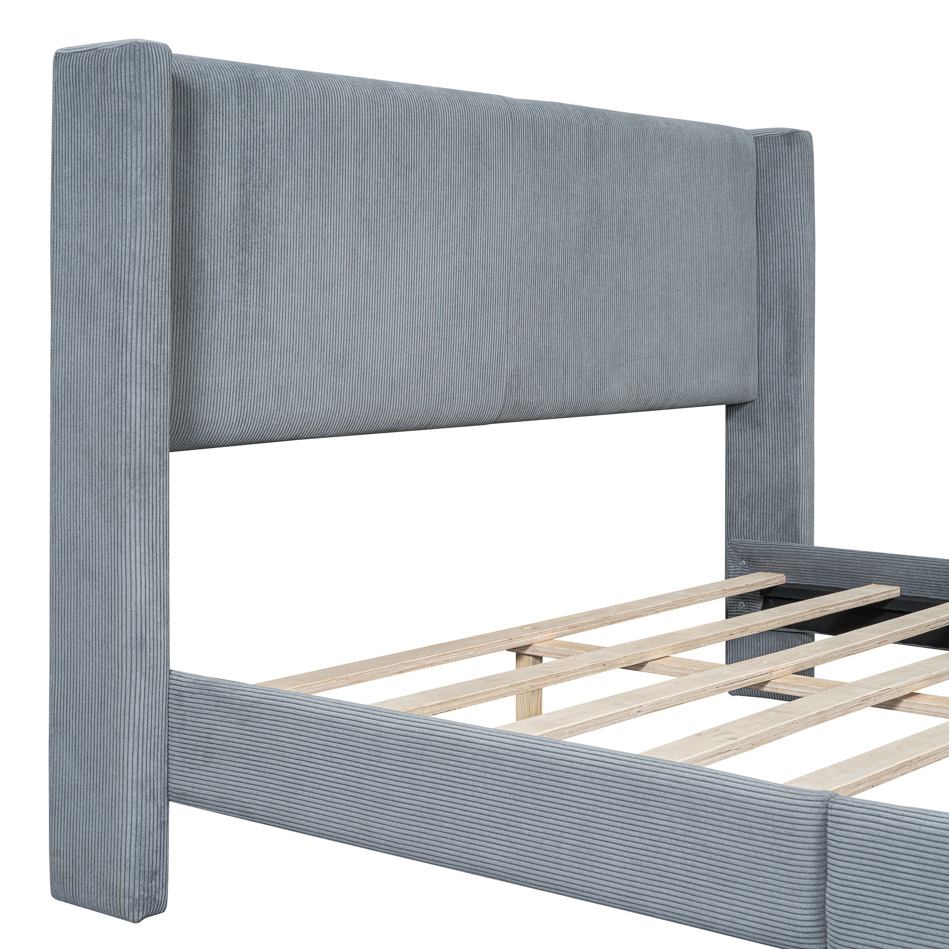 Grey corduroy king bed frame with wingback headboard