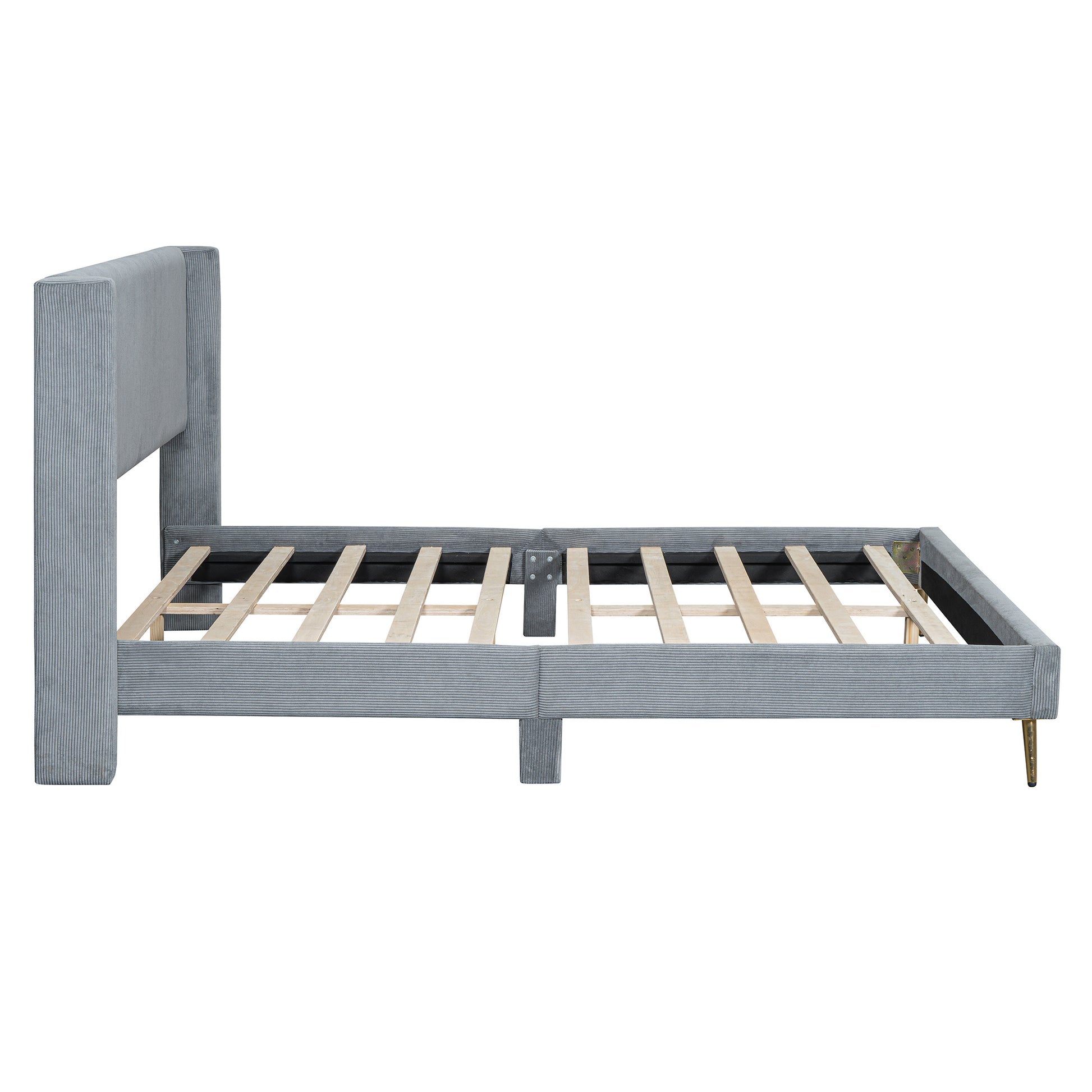 Grey corduroy queen bed frame with wooden slats and gold legs