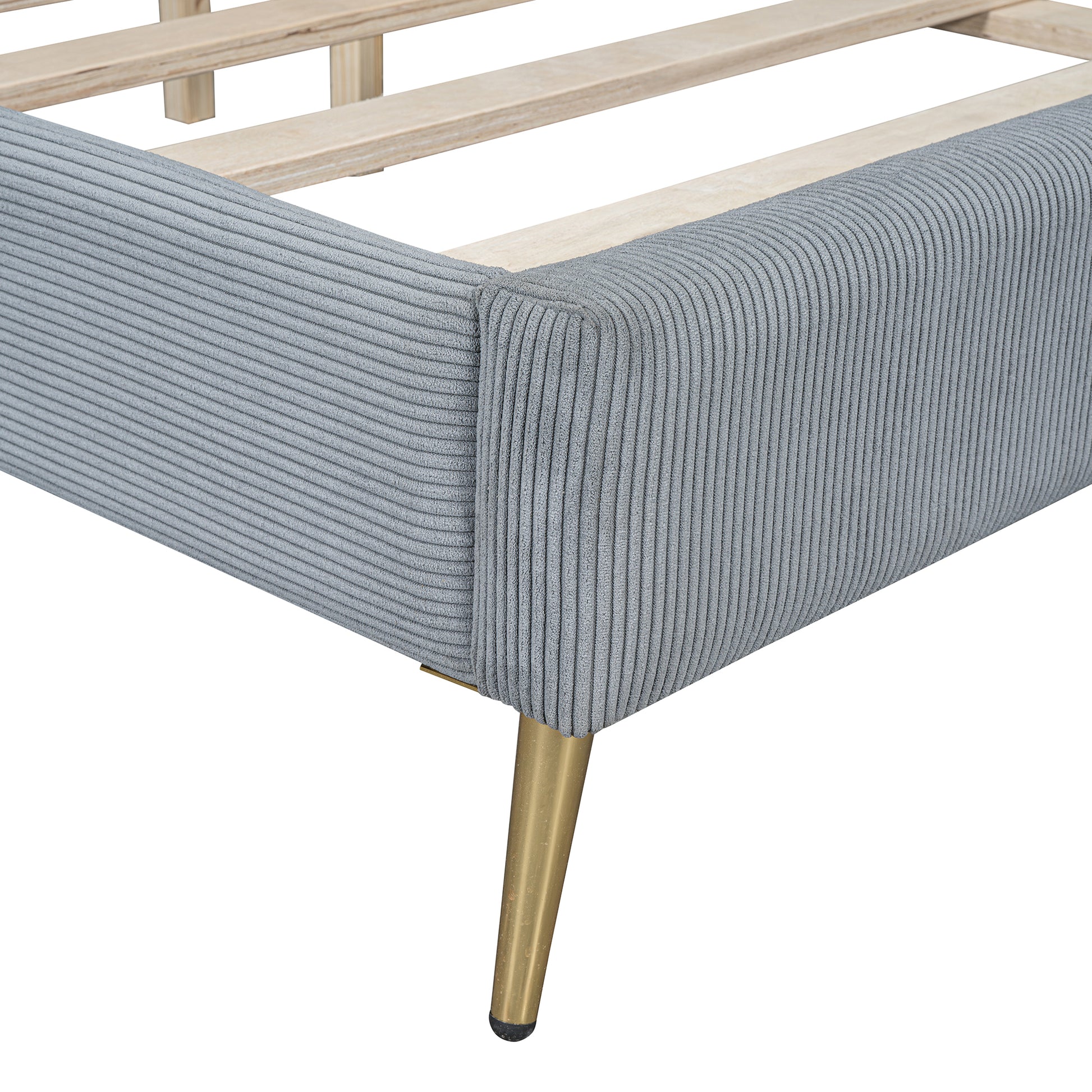 Grey corduroy bed frame with gold legs