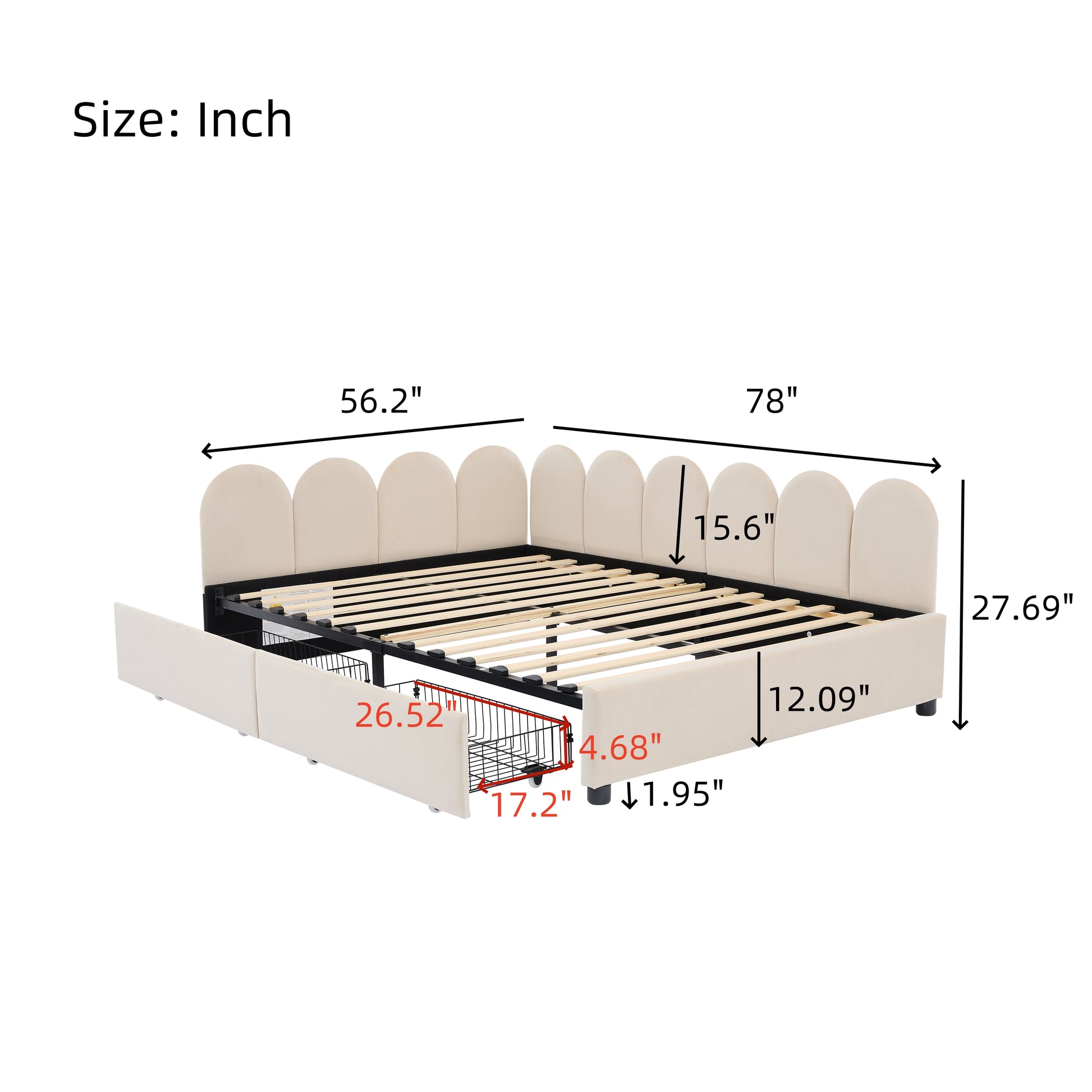 Cream velvet upholstered platform bed with scalloped headboard and storage drawers