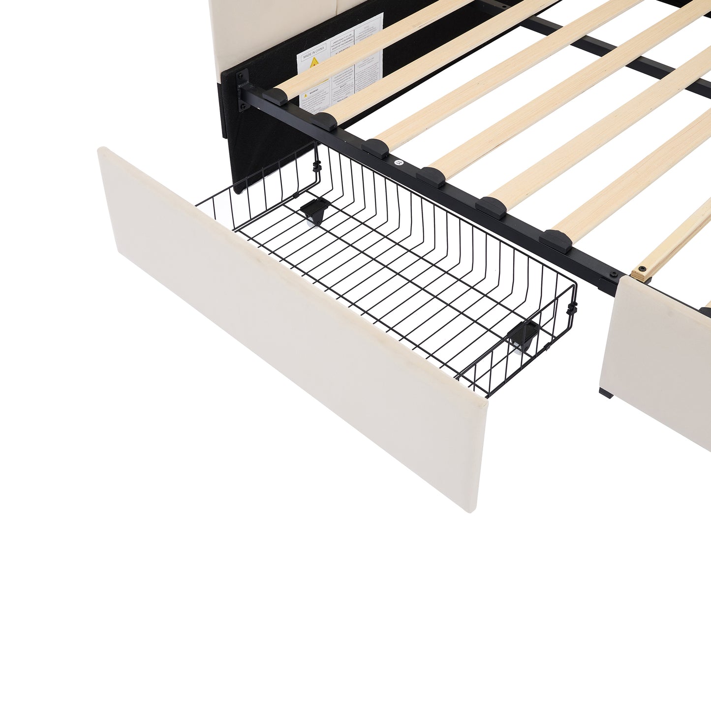 Beige upholstered bed frame with pullout storage drawer and wooden slats