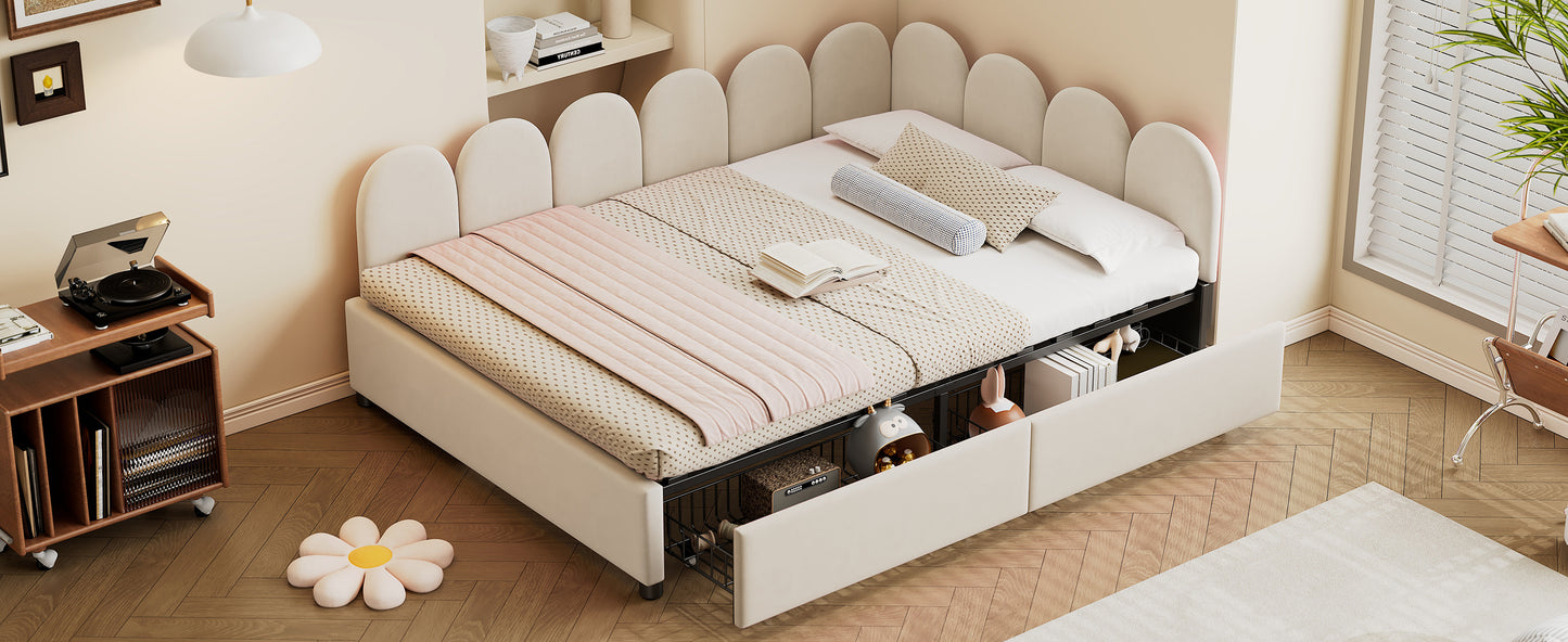 Cream velvet bed frame with scalloped headboard and storage drawers