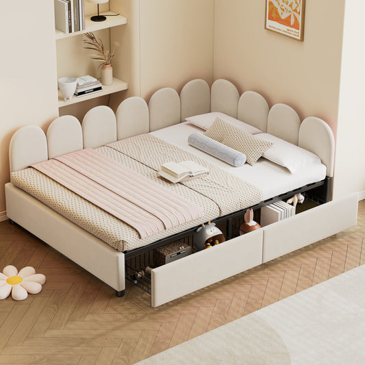 White fabric bed with scalloped headboard and hidden storage drawers