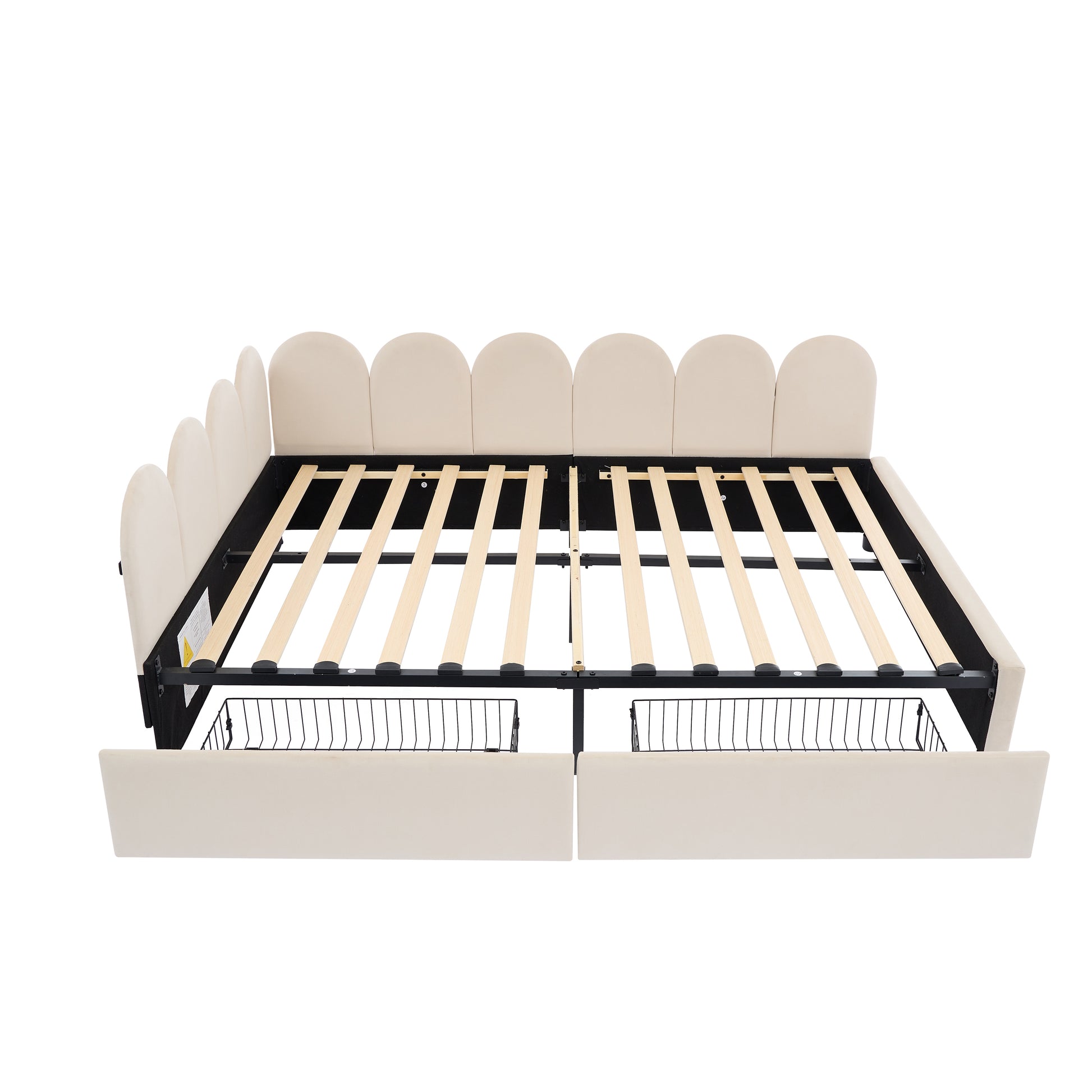 Cream upholstered bed frame with scallop headboard and builtin storage baskets