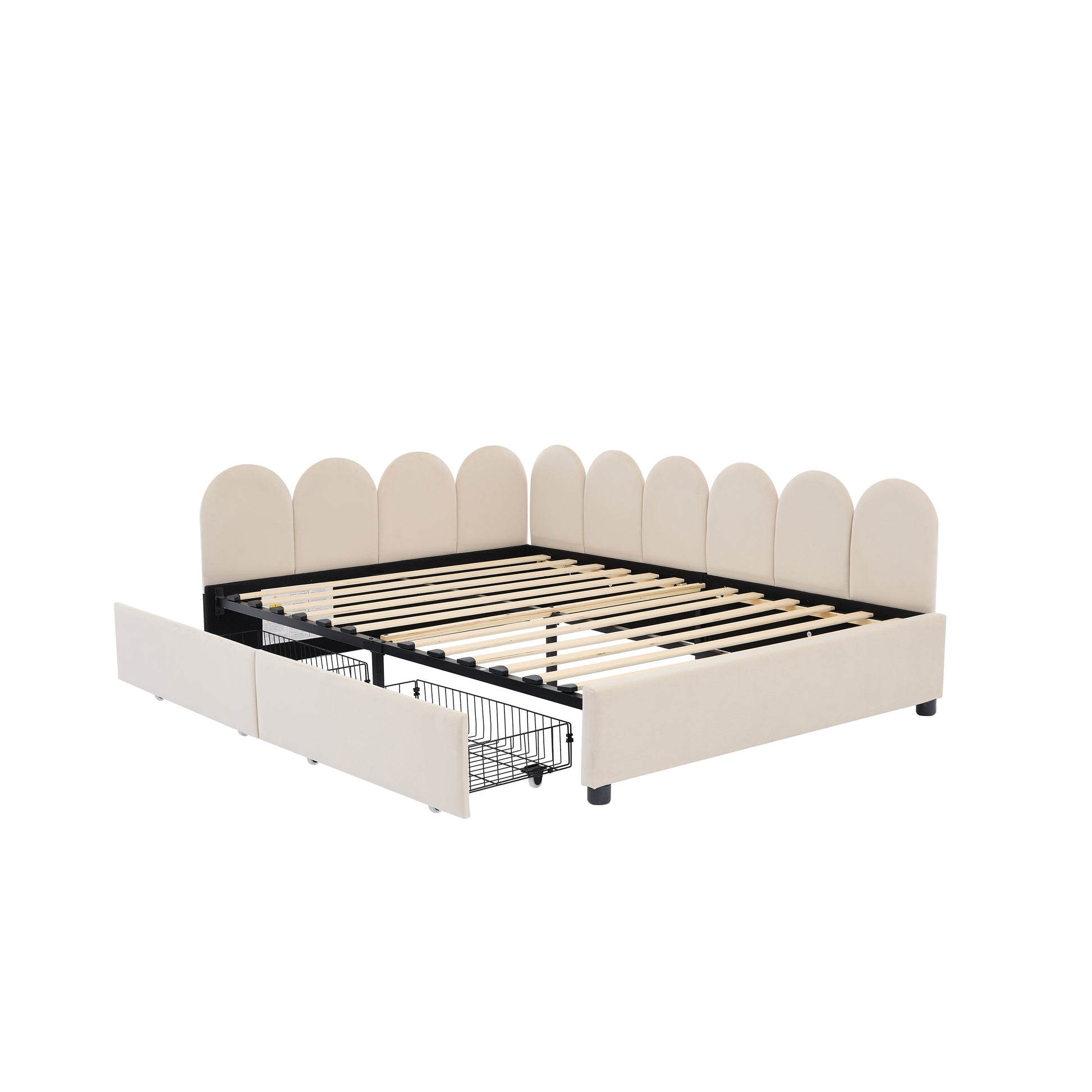 Beige upholstered bed frame with scalloped headboard and pullout storage drawers