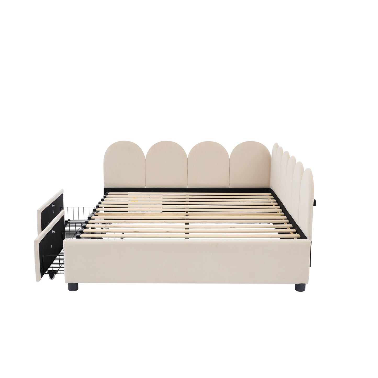 Cream upholstered bed frame with scalloped headboard and integrated storage drawers