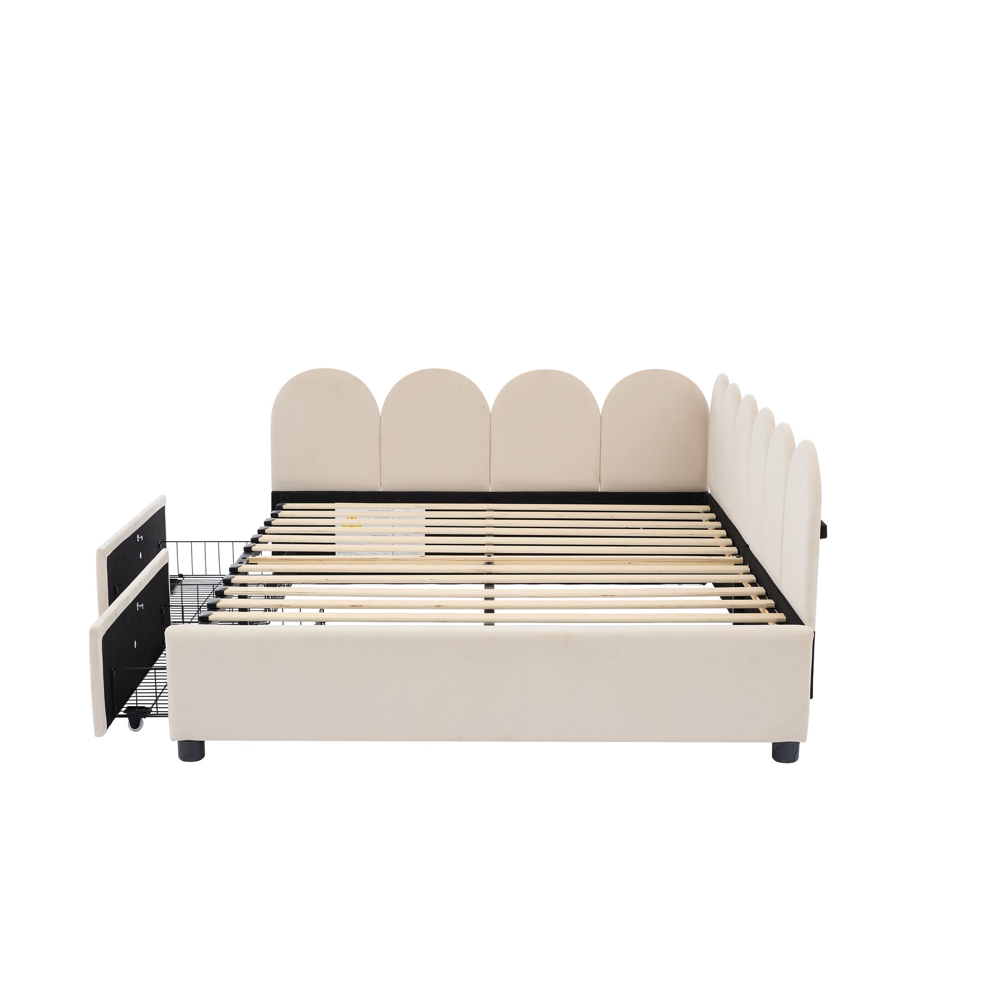 Cream upholstered bed frame with scalloped headboard and integrated storage drawers