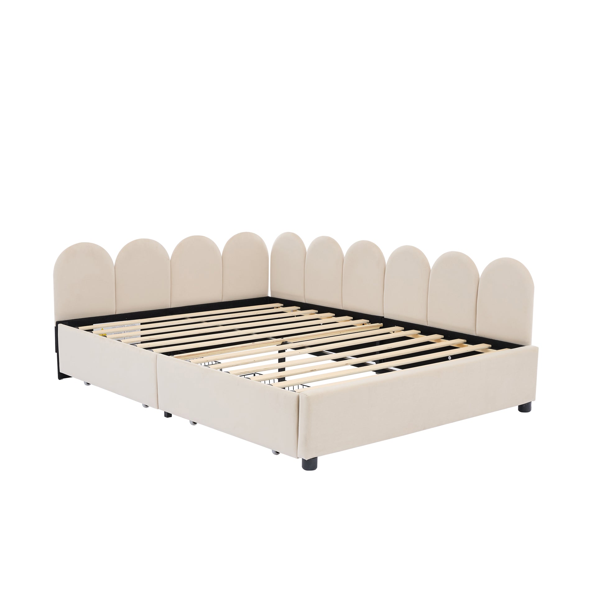 Beige velvet bed frame with scallop headboard and slatted base