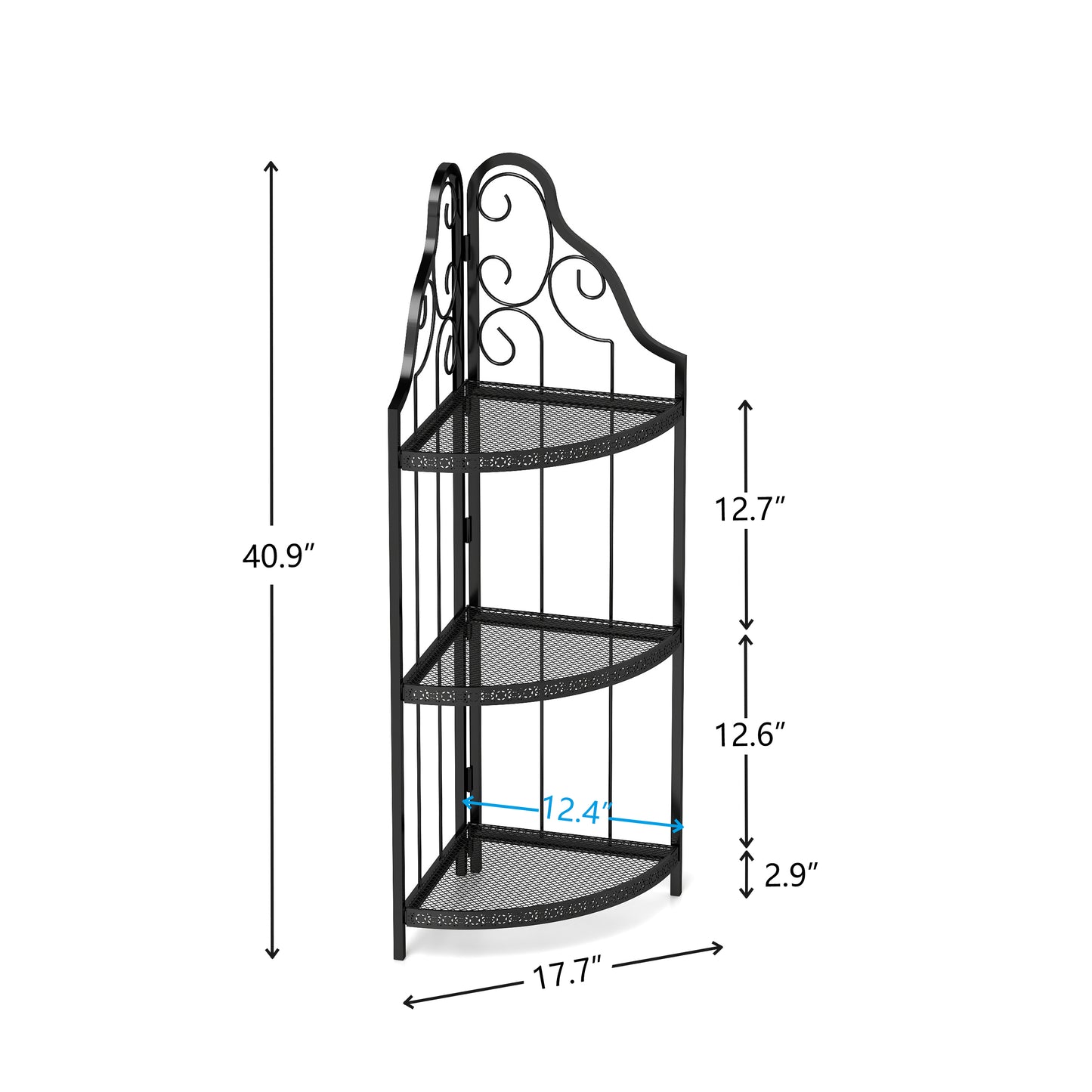 Black metal corner shelf unit with ornate scrollwork and three mesh tiers