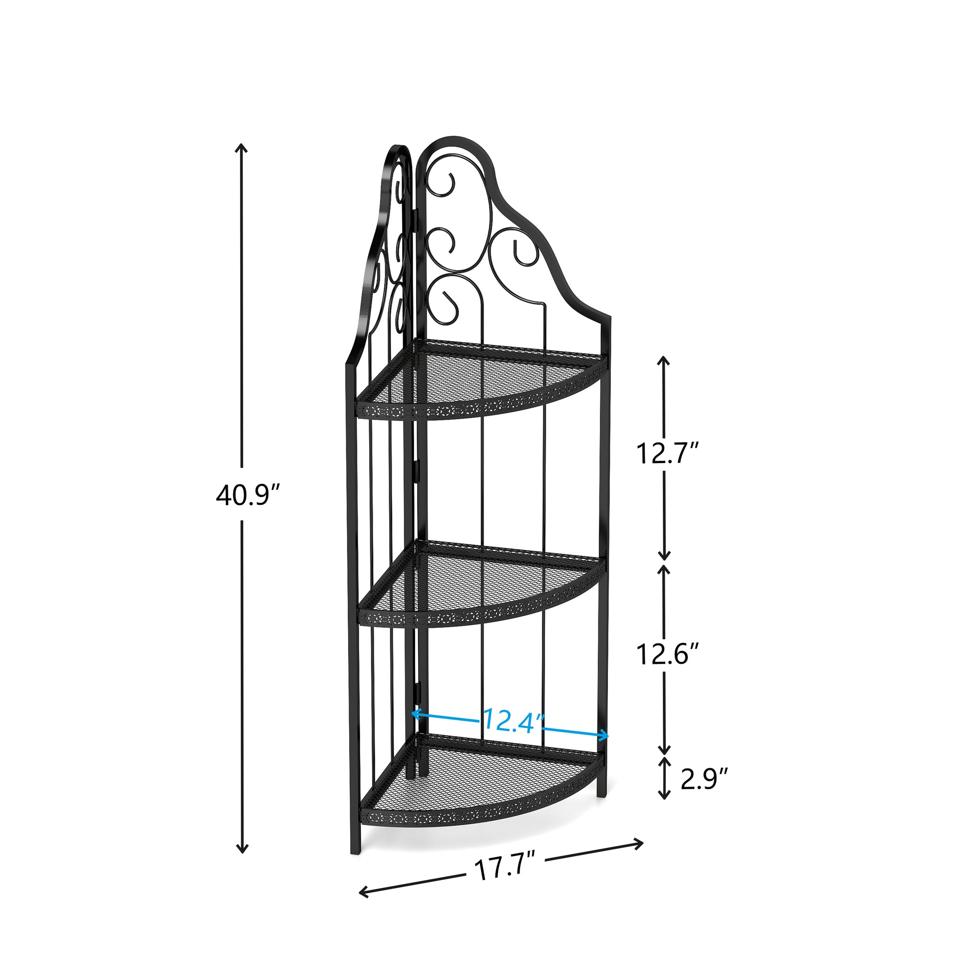 Black metal corner shelf unit with ornate scrollwork and three mesh tiers