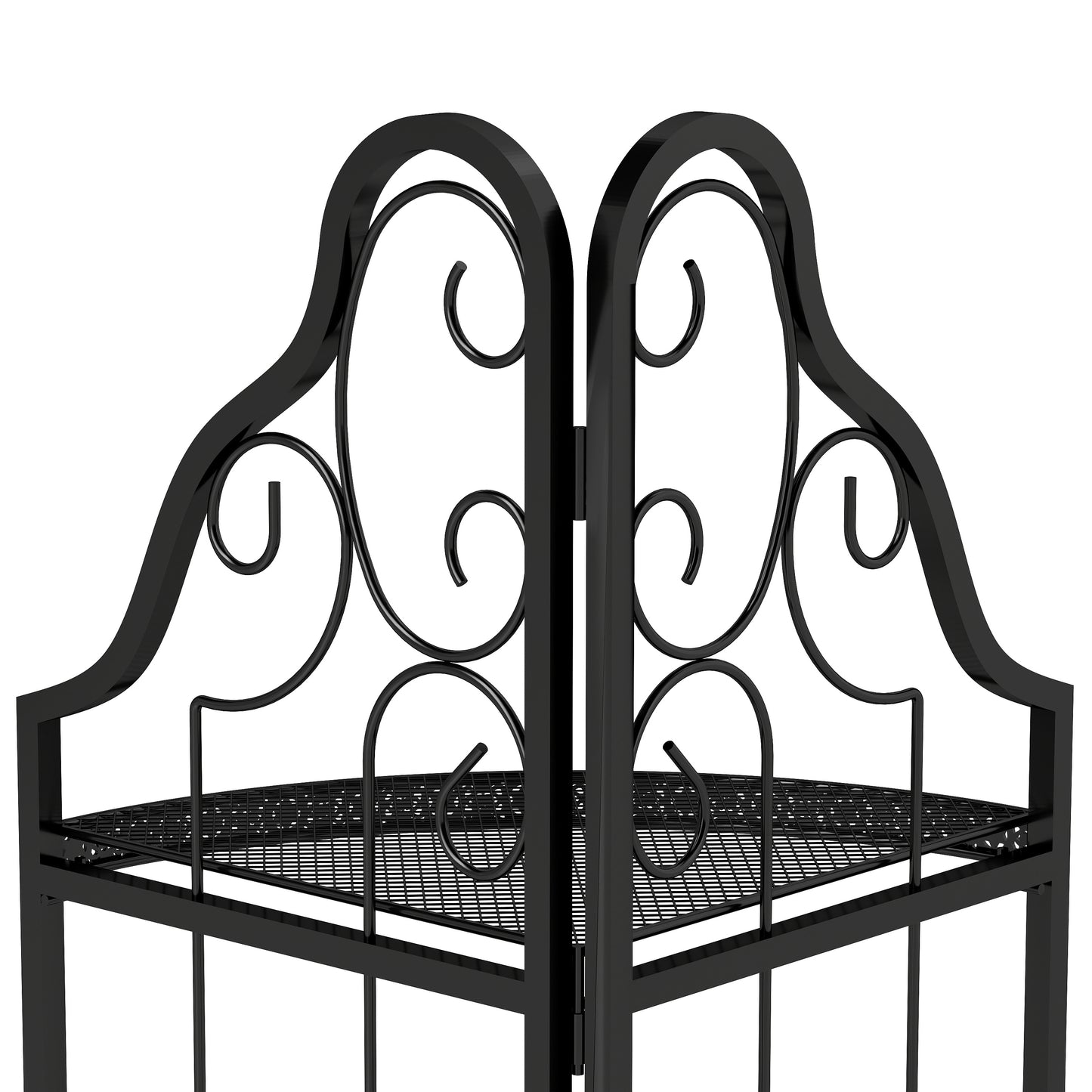Black metal corner shelving unit with ornate scrollwork