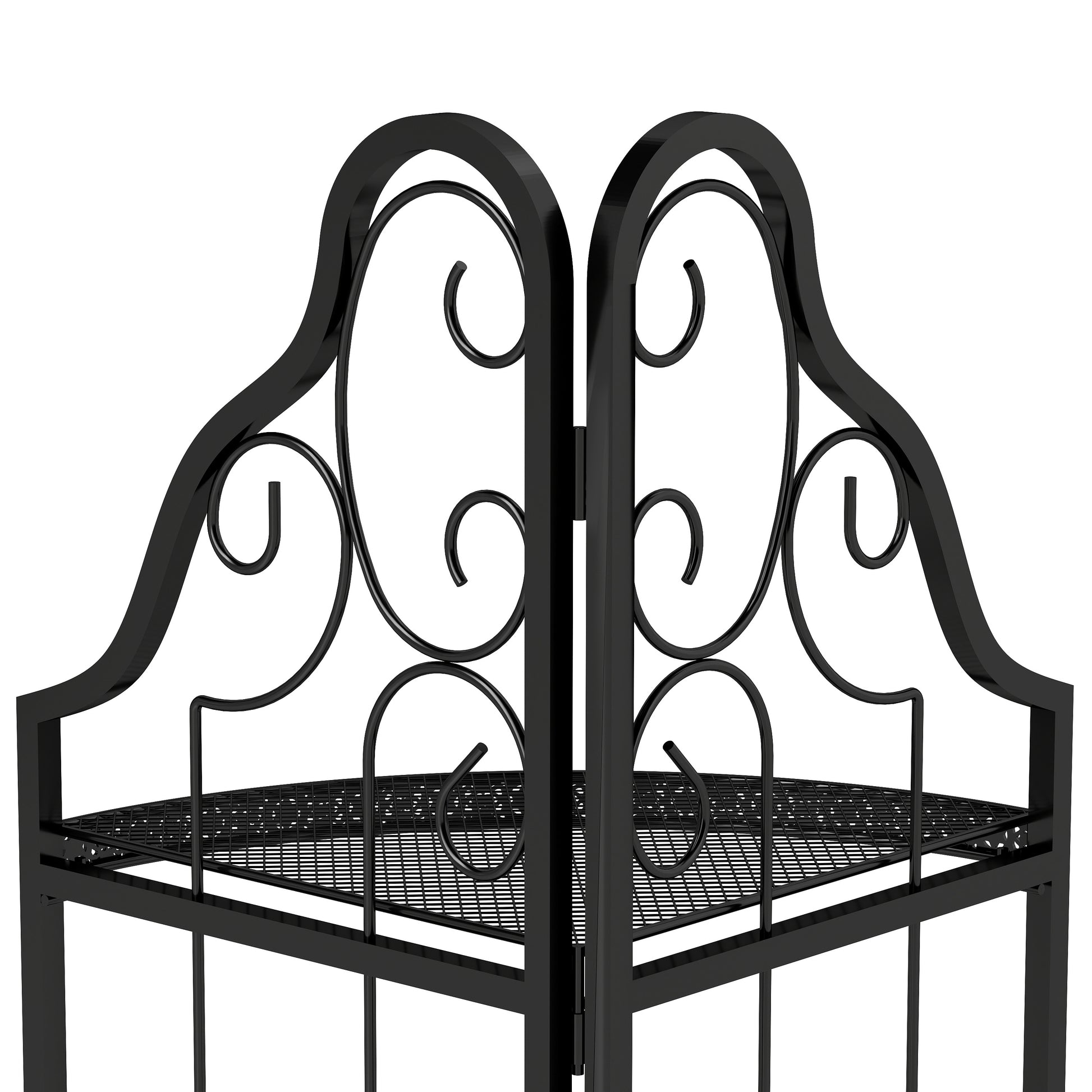 Black metal corner shelving unit with ornate scrollwork