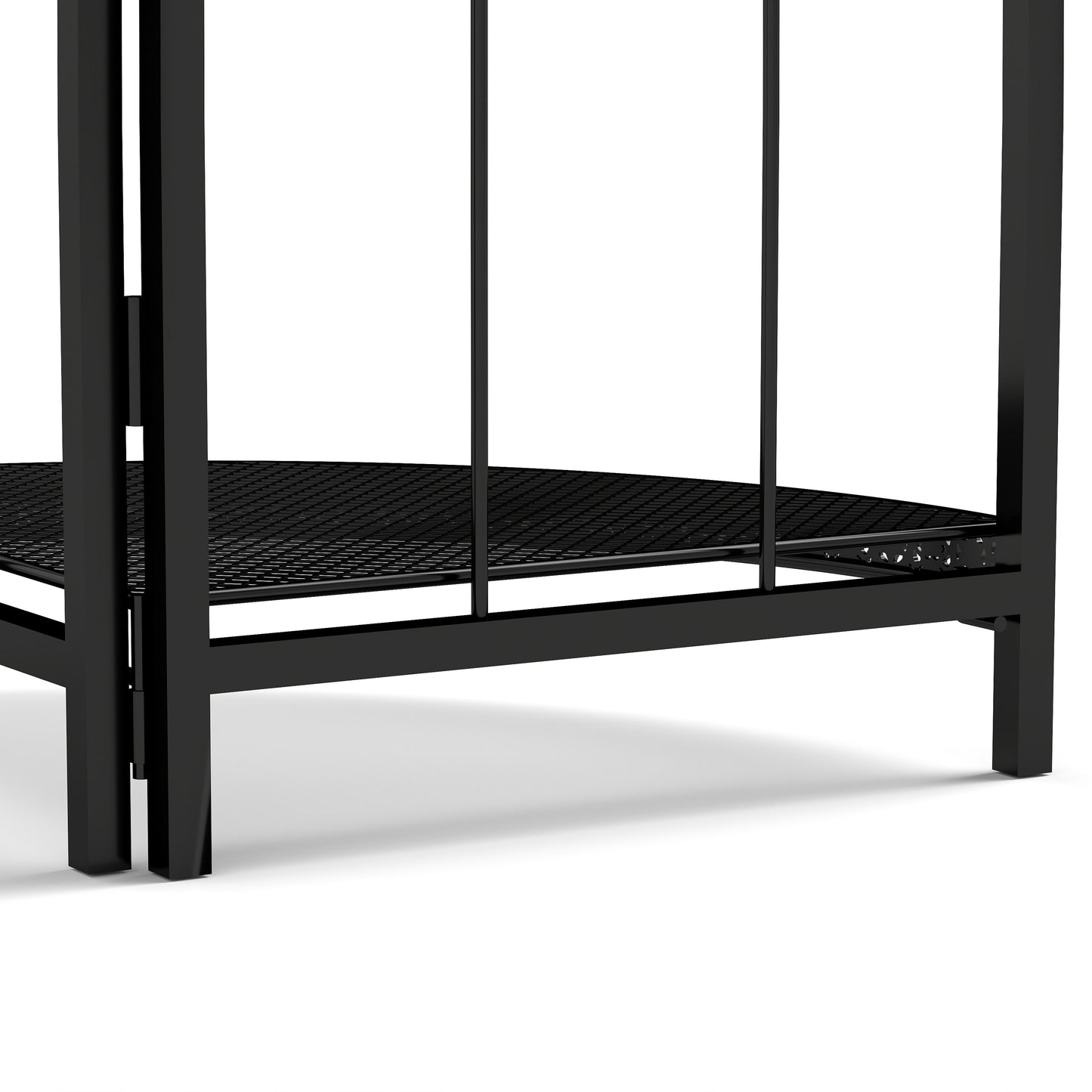 Black metal industrial side table with meshed shelf