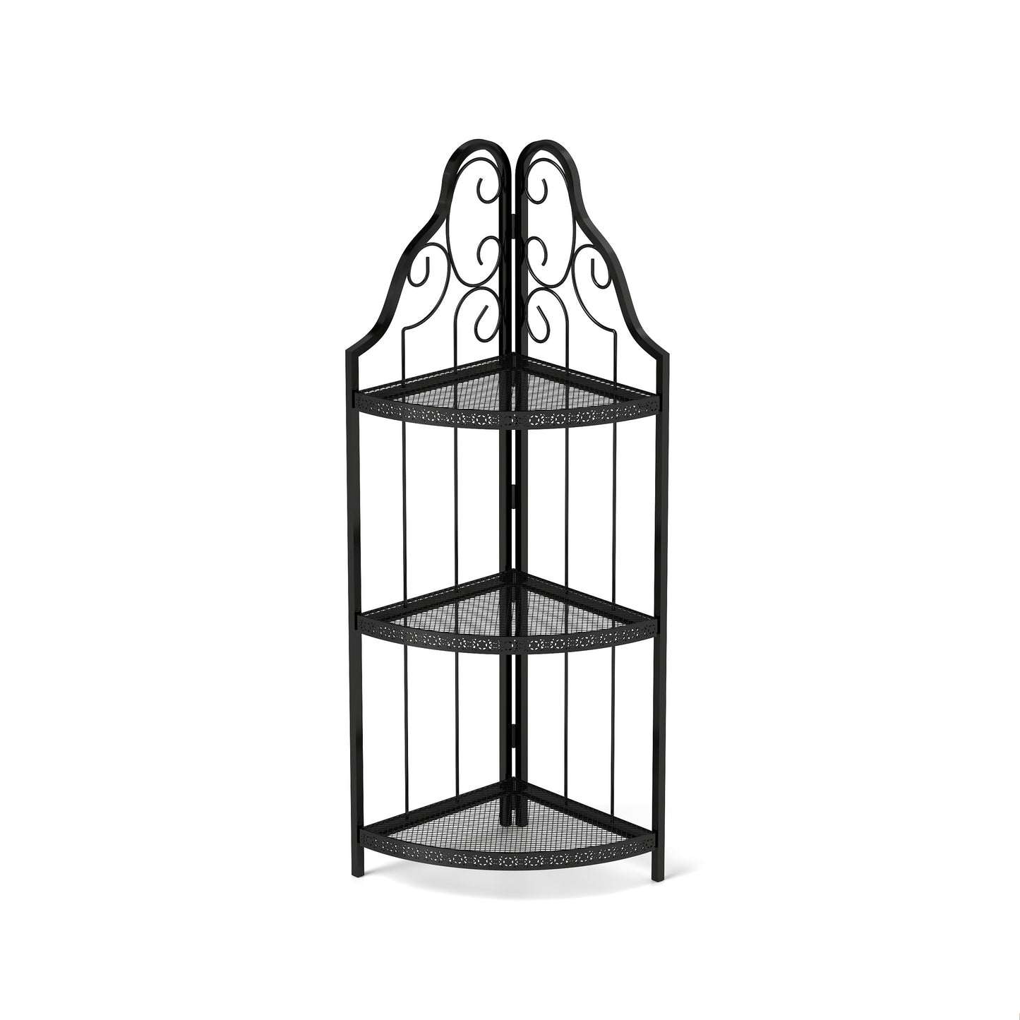 Black wrought iron tier corner shelf with ornate scrollwork